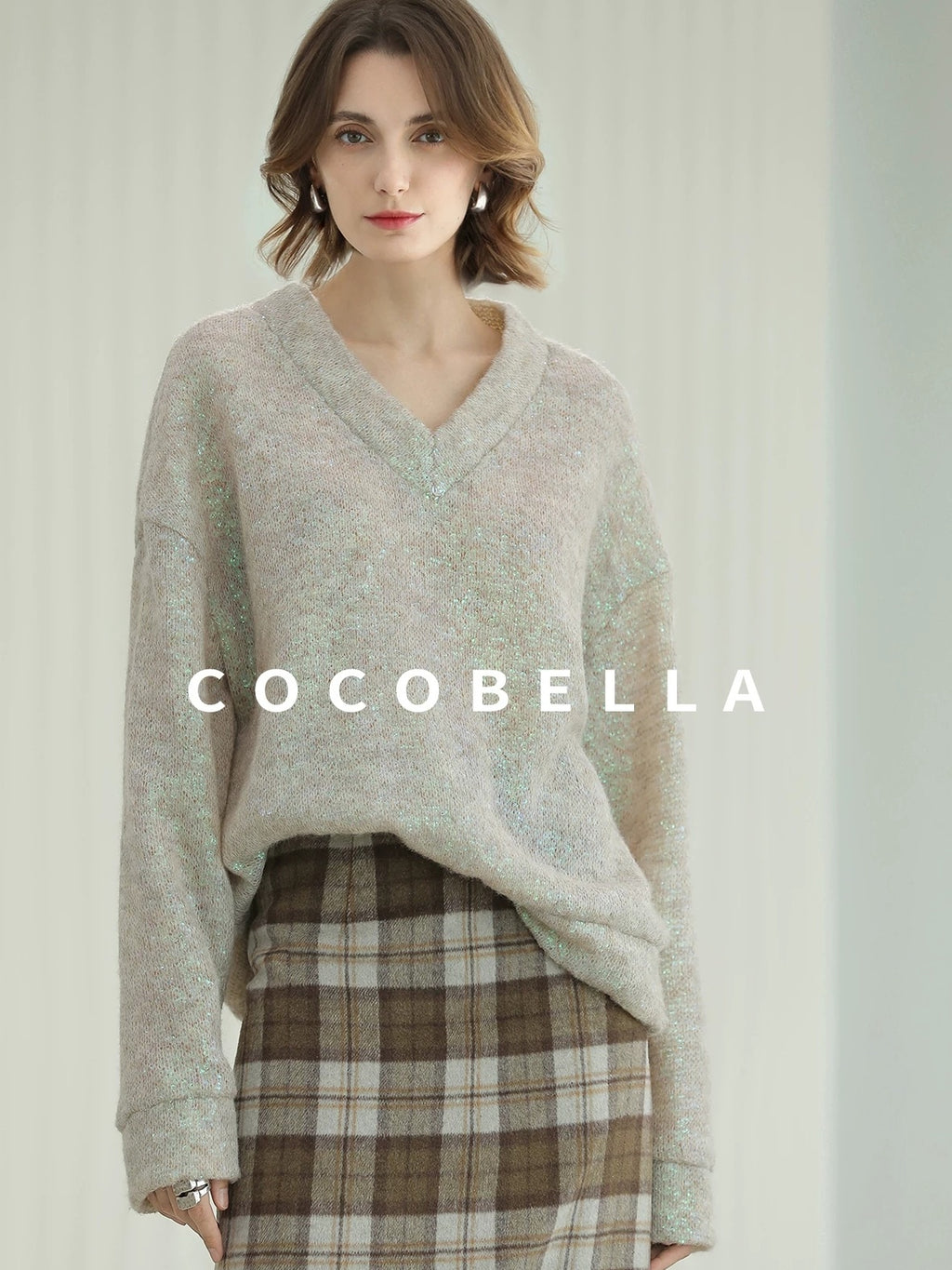 COCOBELLA Soft Iridescent Sequin V Neck Loose Knit Workwear Chic Women Knit Sweater