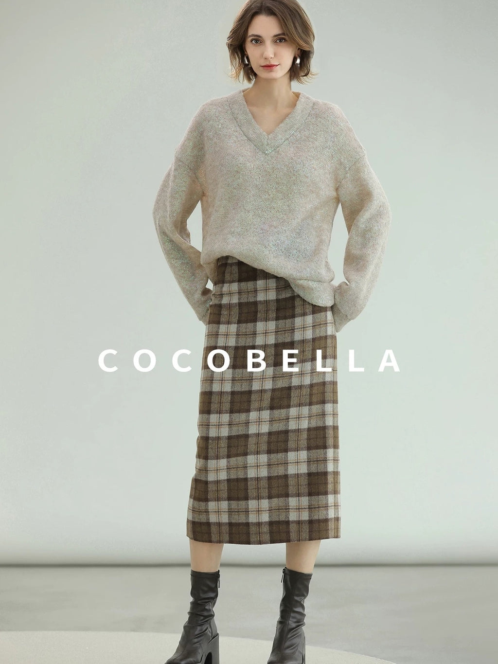 COCOBELLA Soft Iridescent Sequin V Neck Loose Knit Workwear Chic Women Knit Sweater