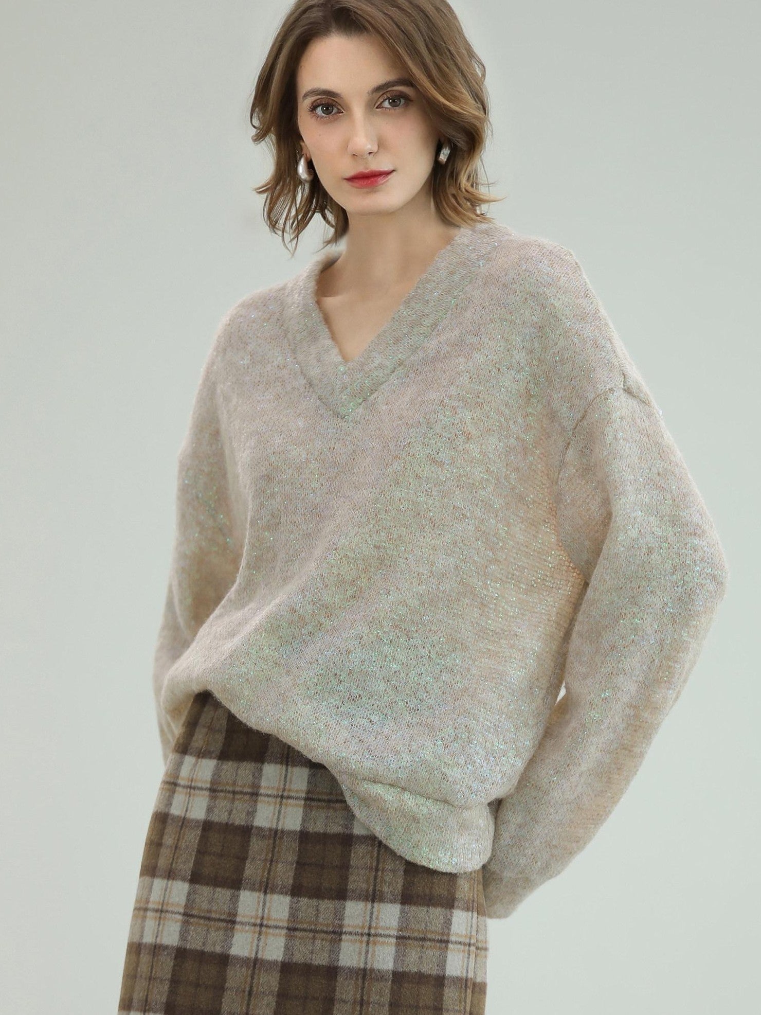 COCOBELLA Soft Iridescent Sequin V Neck Loose Knit Workwear Chic Women Knit Sweater