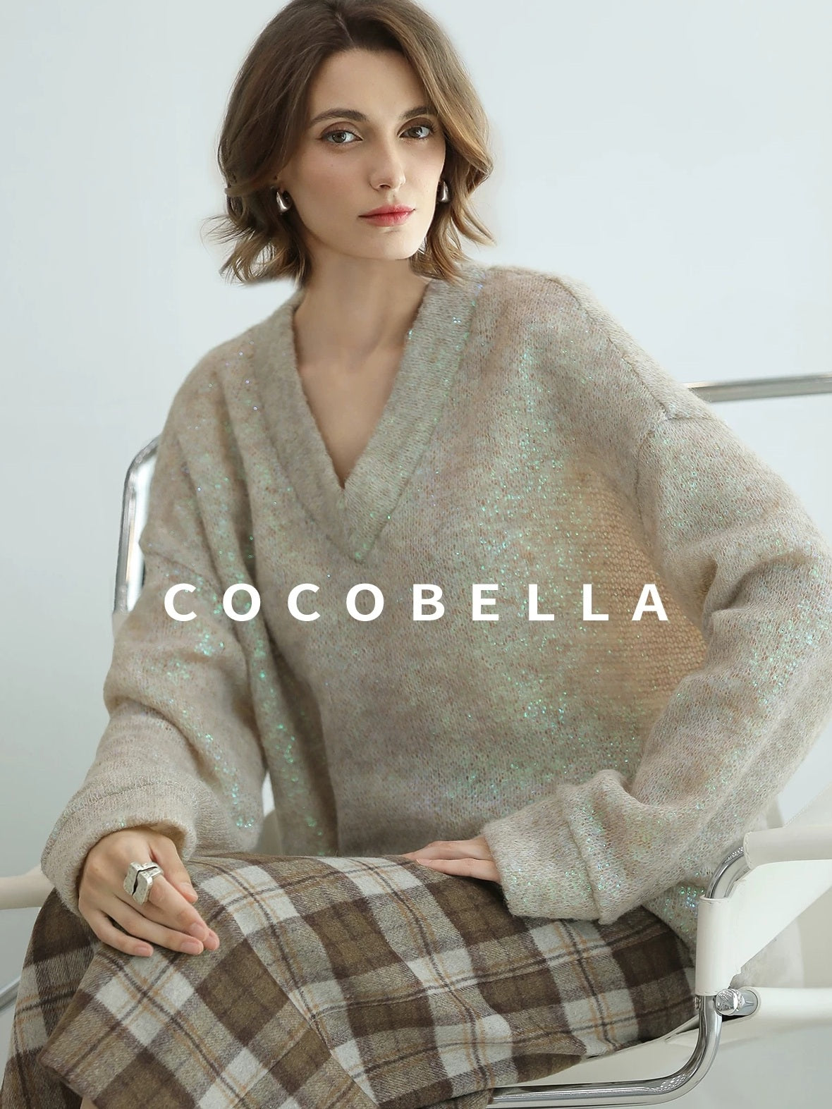 COCOBELLA Soft Iridescent Sequin V Neck Loose Knit Workwear Chic Women Knit Sweater