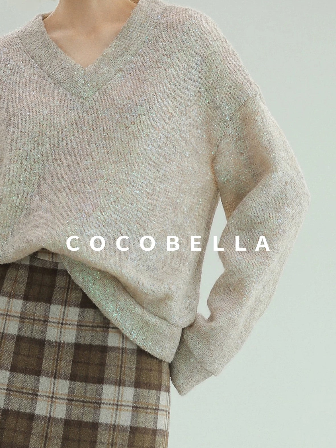 COCOBELLA Soft Iridescent Sequin V Neck Loose Knit Workwear Chic Women Knit Sweater