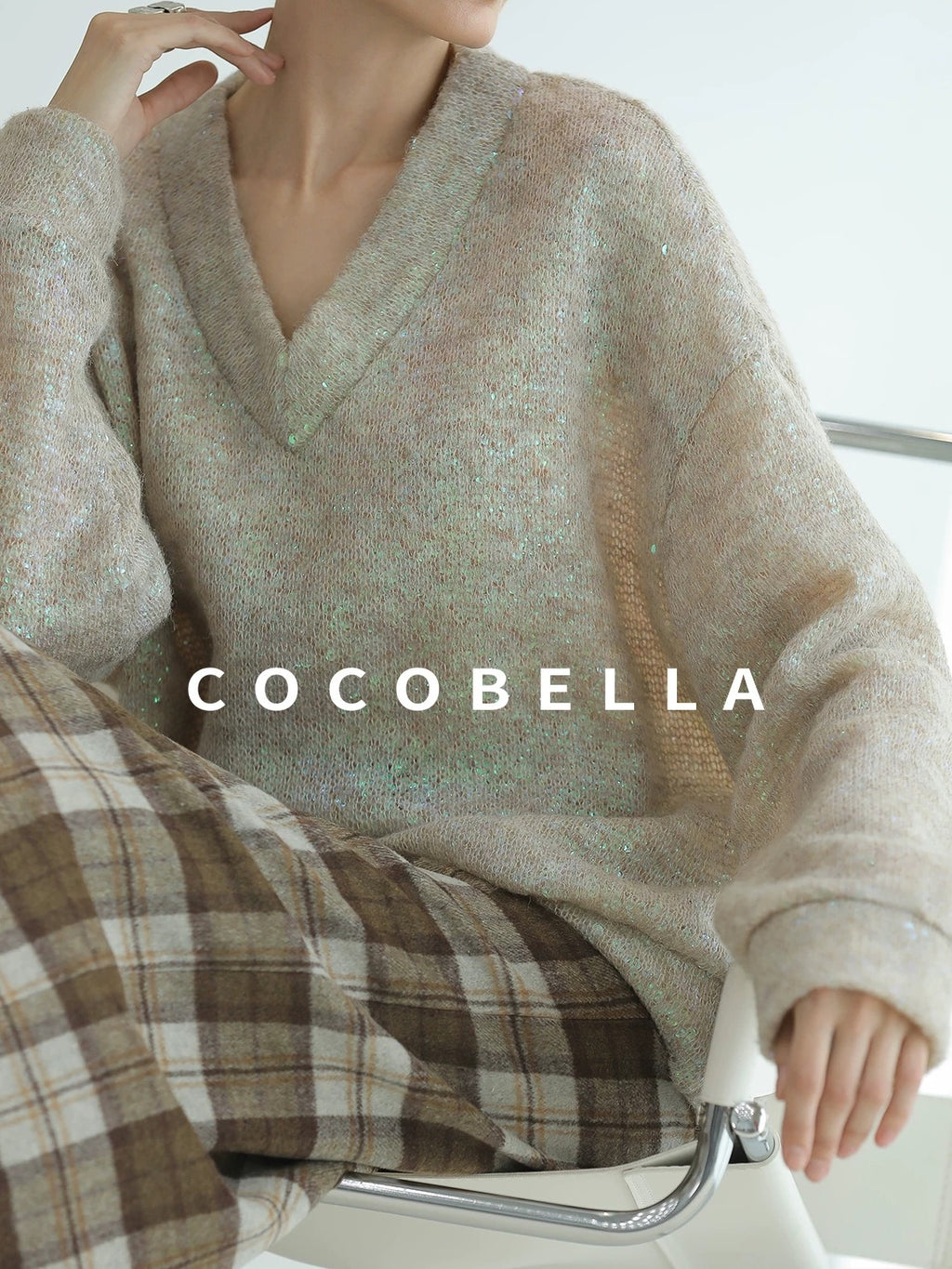 COCOBELLA Soft Iridescent Sequin V Neck Loose Knit Workwear Chic Women Knit Sweater