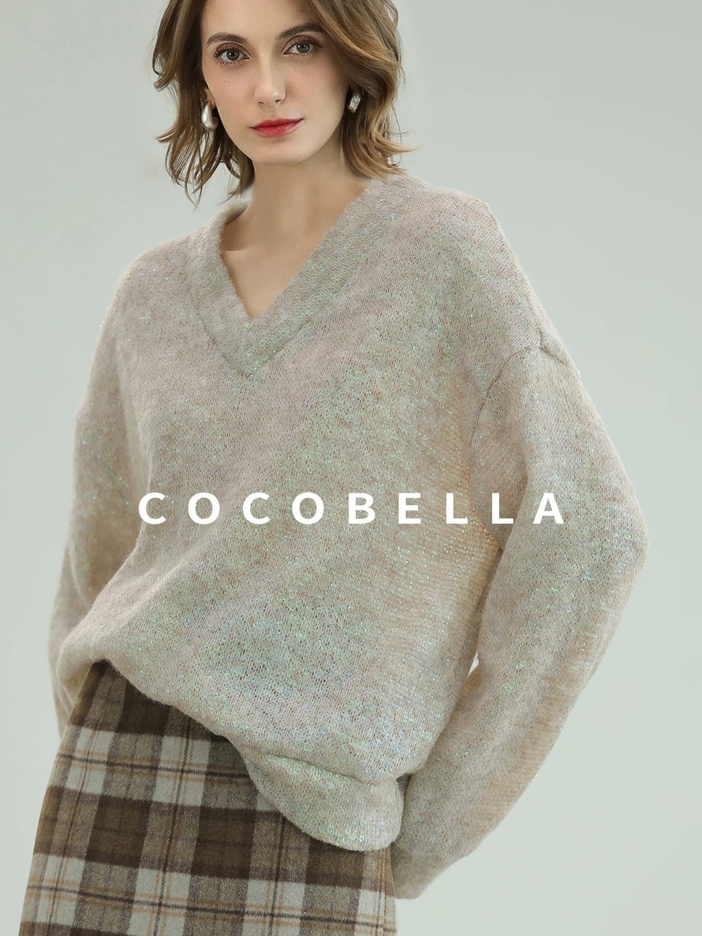 COCOBELLA Soft Iridescent Sequin V Neck Loose Knit Workwear Chic Women Knit Sweater