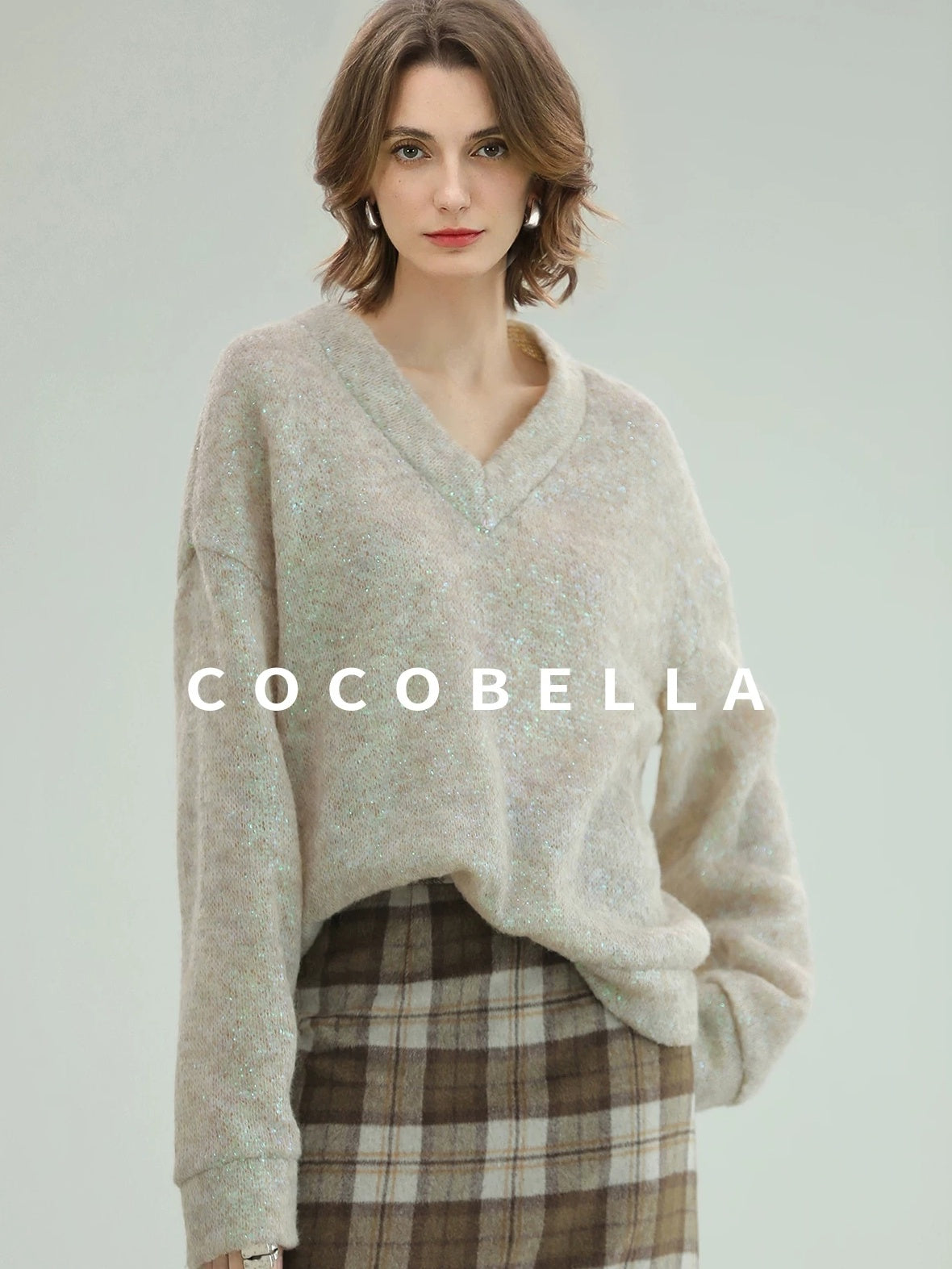 COCOBELLA Soft Iridescent Sequin V Neck Loose Knit Workwear Chic Women Knit Sweater
