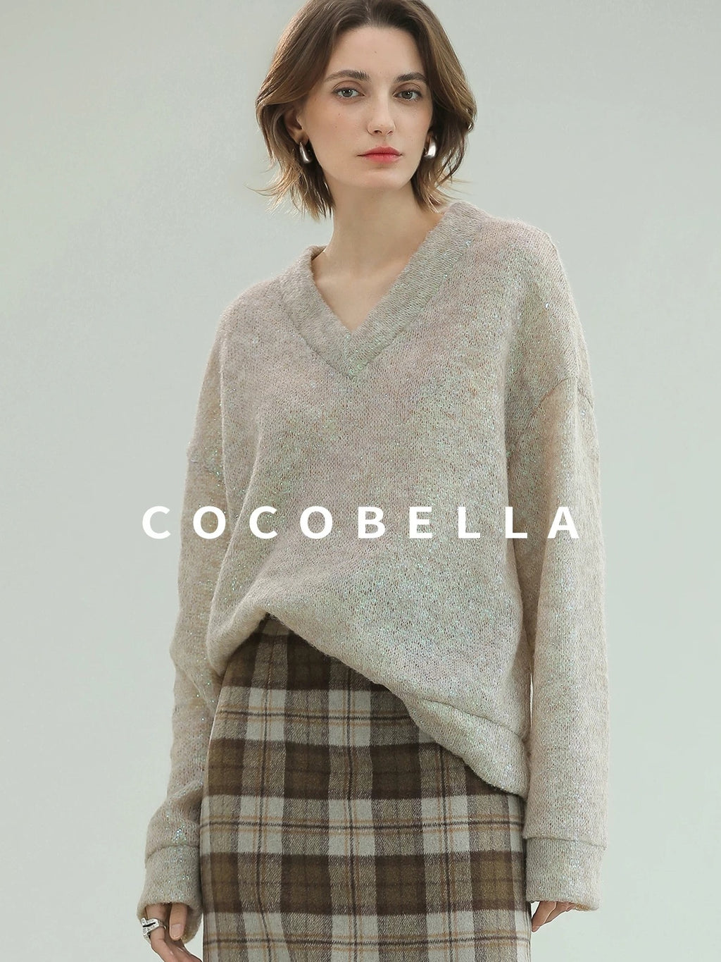 COCOBELLA Soft Iridescent Sequin V Neck Loose Knit Workwear Chic Women Knit Sweater