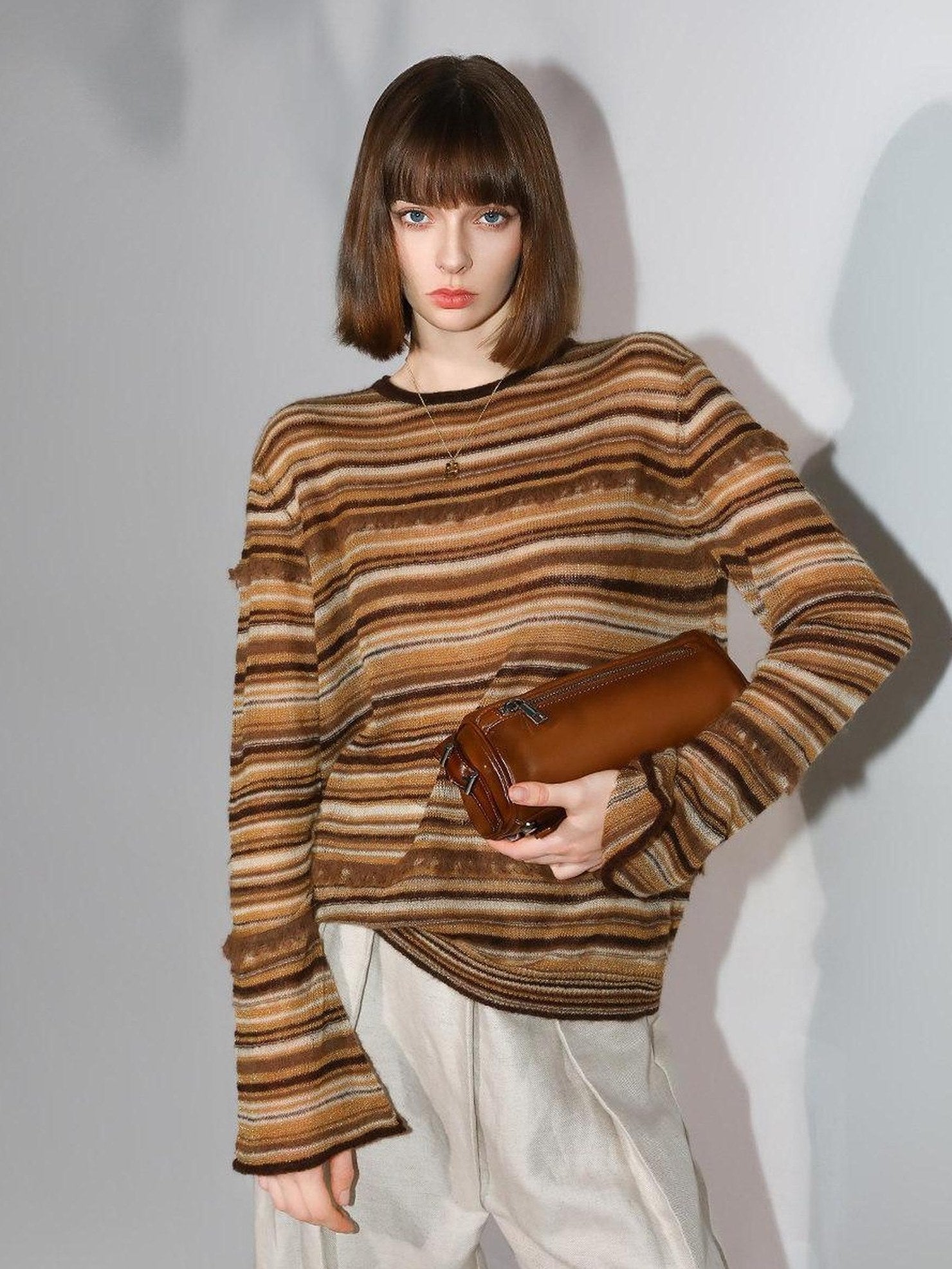 COCOBELLA Soft Jacquard Lurex Crewneck Casual Regular Fit Women Striped Knit Sweater