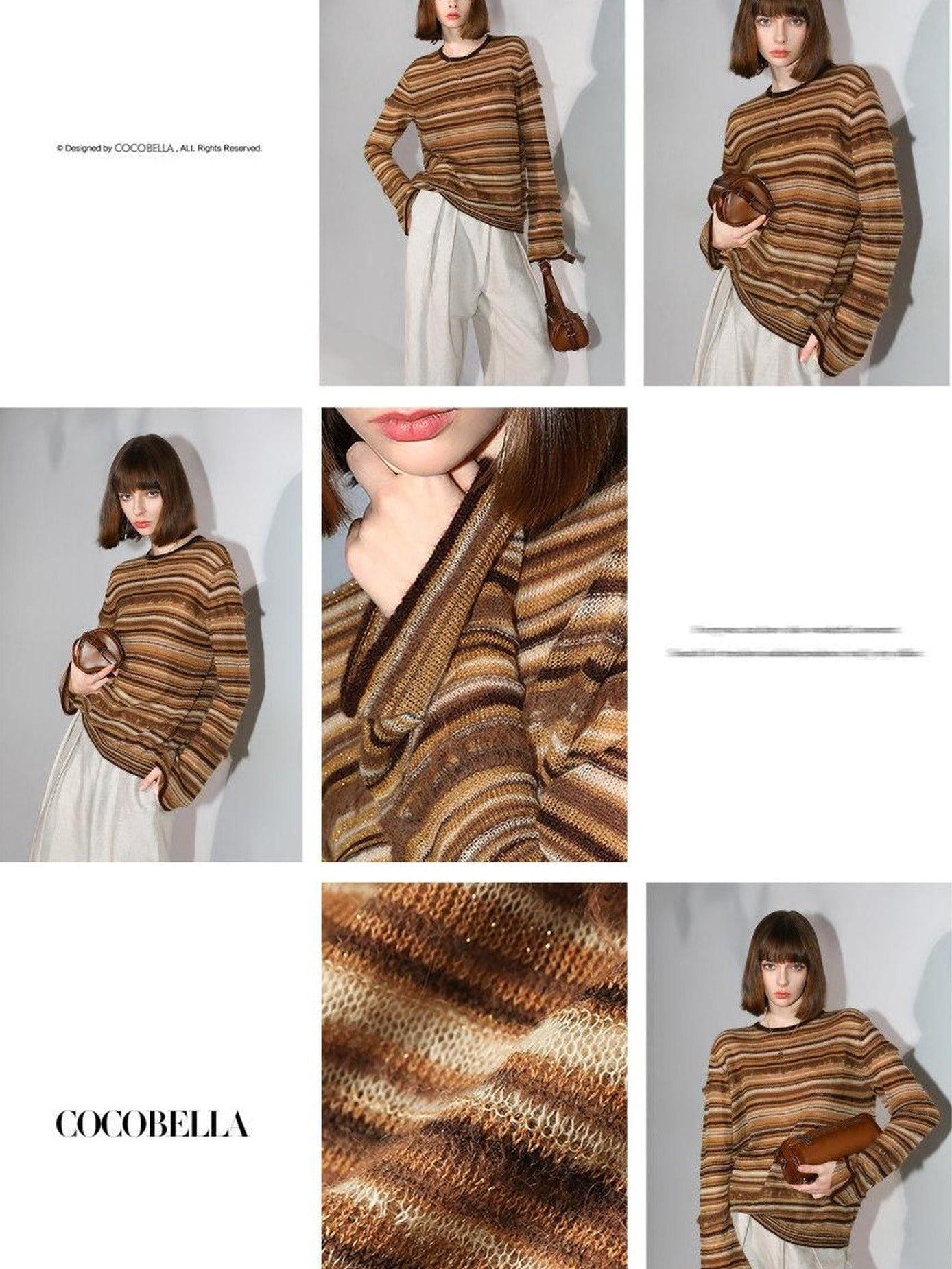 COCOBELLA Soft Jacquard Lurex Crewneck Casual Regular Fit Women Striped Knit Sweater