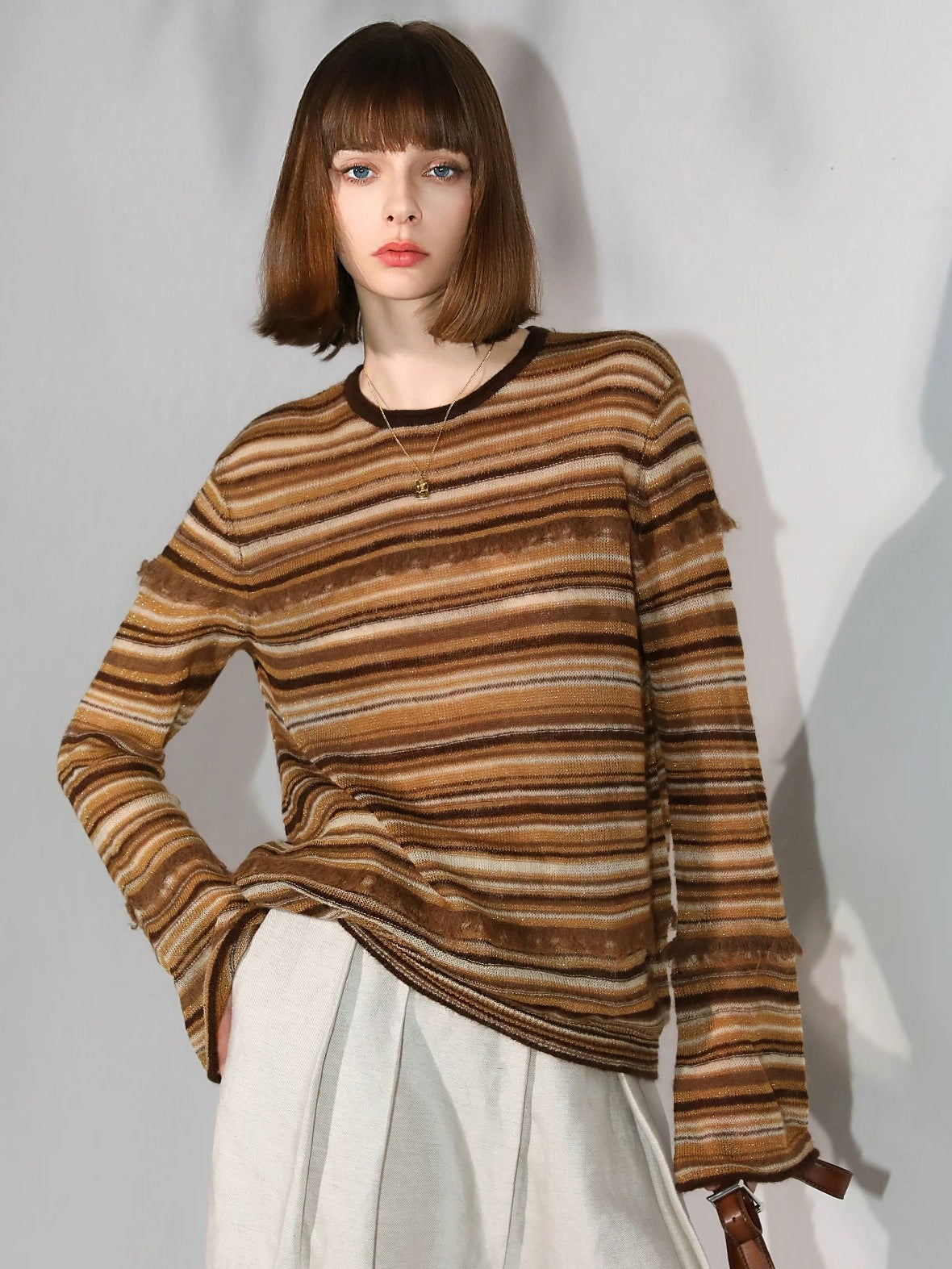 COCOBELLA Soft Jacquard Lurex Crewneck Casual Regular Fit Women Striped Knit Sweater