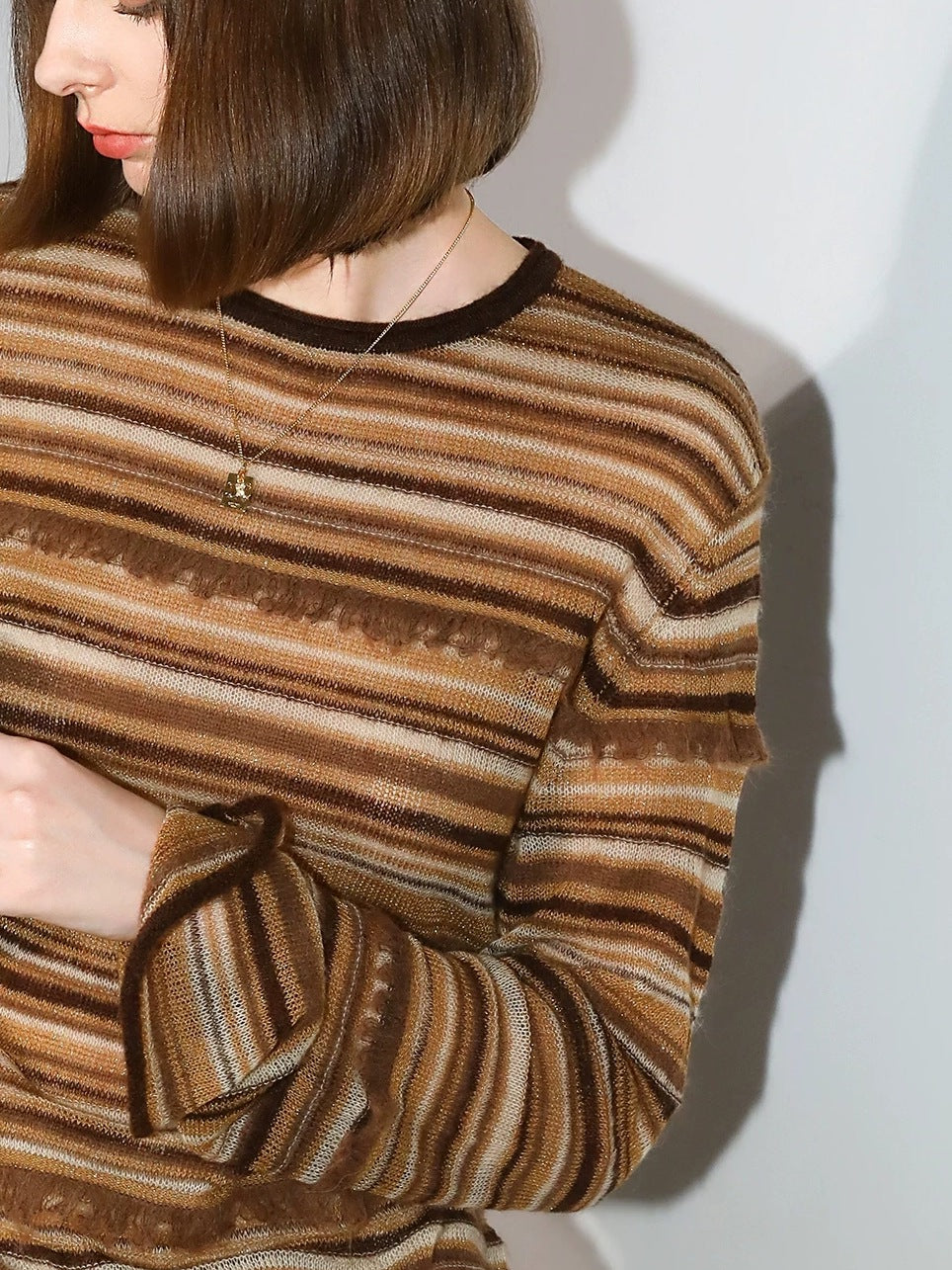 COCOBELLA Soft Jacquard Lurex Crewneck Casual Regular Fit Women Striped Knit Sweater