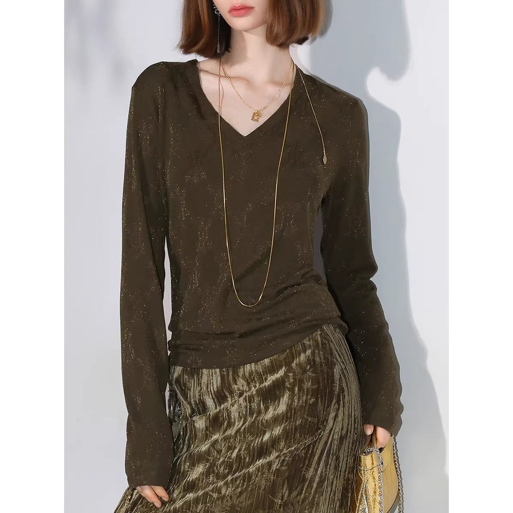 COCOBELLA_Soft_Jacquard_Lurex_V_Neck_Long_Sleeve_Straight_Fit_Office_Women_Shirts_MISSTT