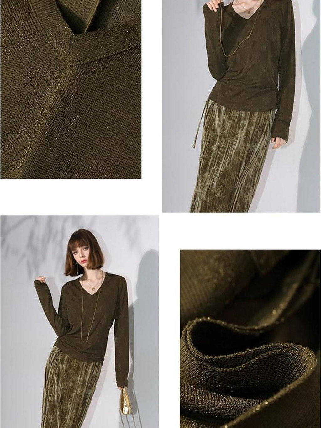 COCOBELLA Soft Jacquard Lurex V Neck Long Sleeve Straight Fit Office Women Shirts