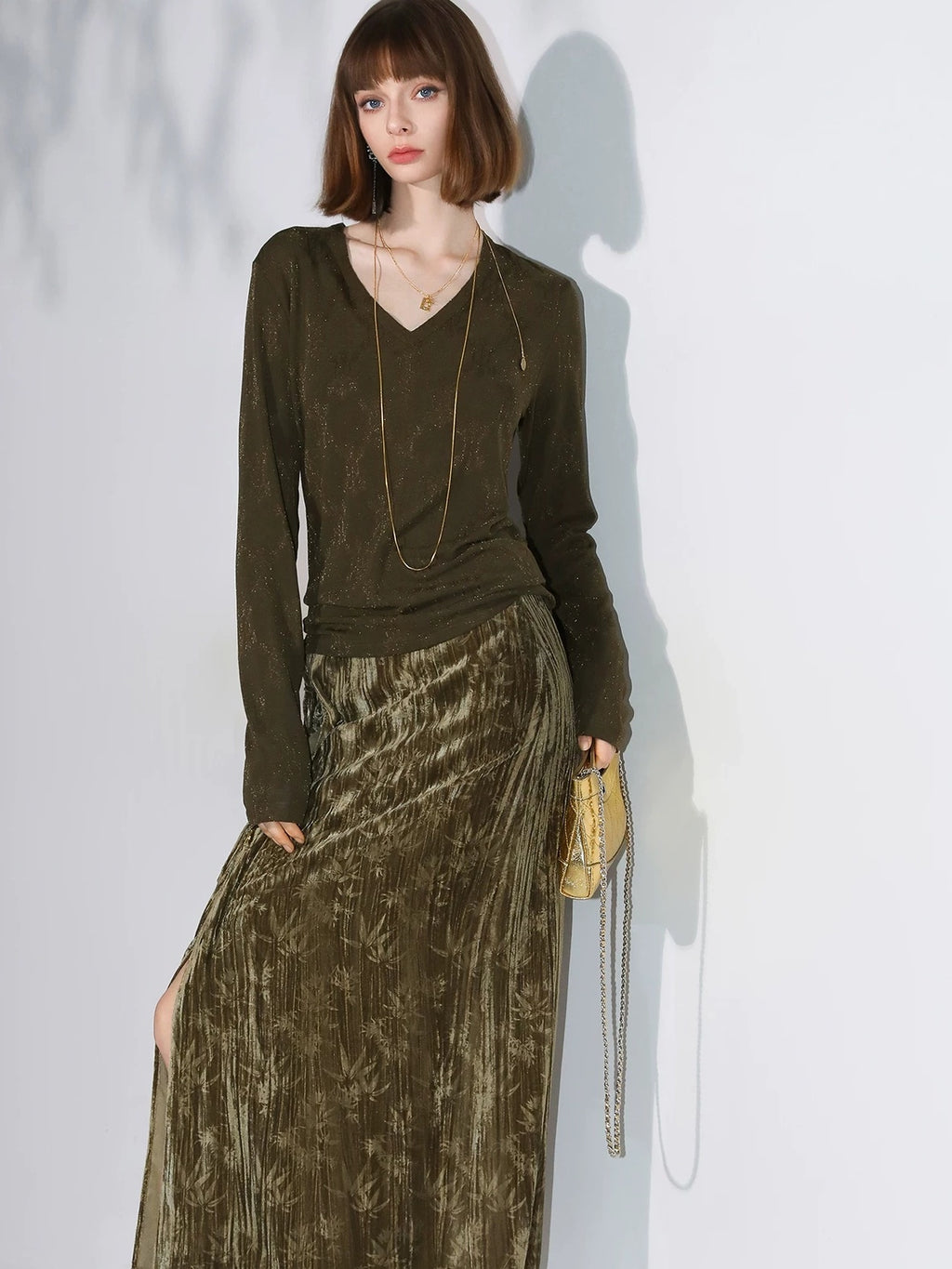 COCOBELLA Soft Jacquard Lurex V Neck Long Sleeve Straight Fit Office Women Shirts