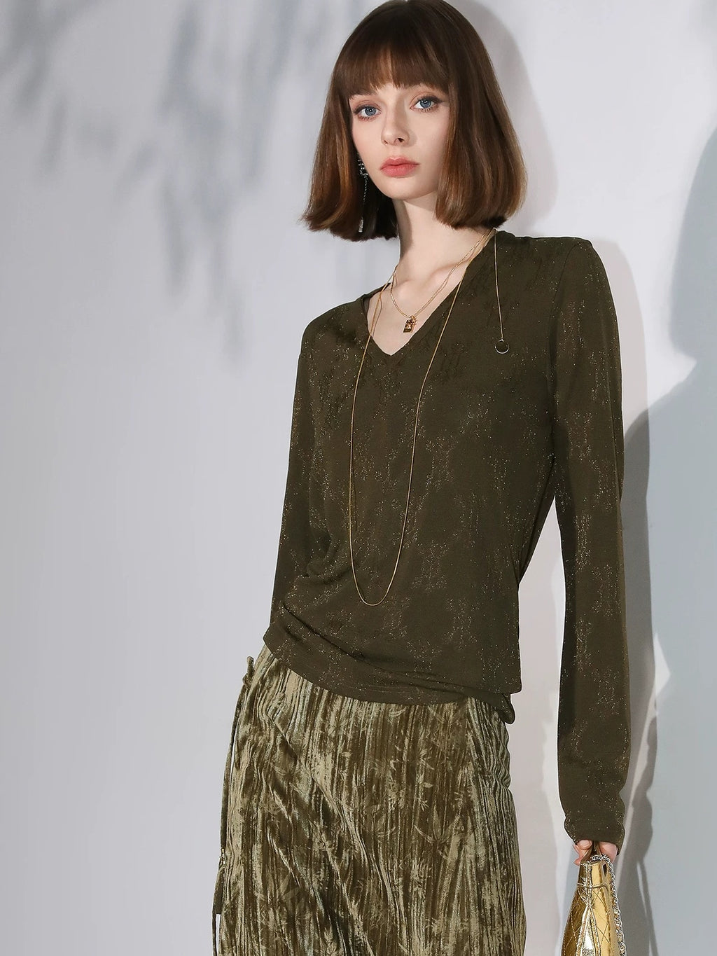 COCOBELLA Soft Jacquard Lurex V Neck Long Sleeve Straight Fit Office Women Shirts