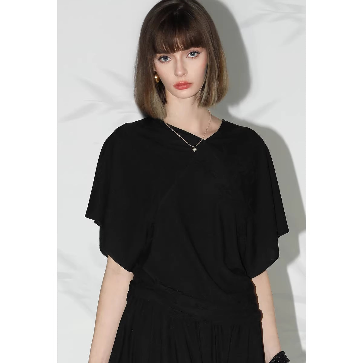 COCOBELLA_Soft_Jacquard_Patchwork_Batwing_Short_Sleeve_Loose_V_Neck_Ladies_Commuter_Shirts_MISSTT