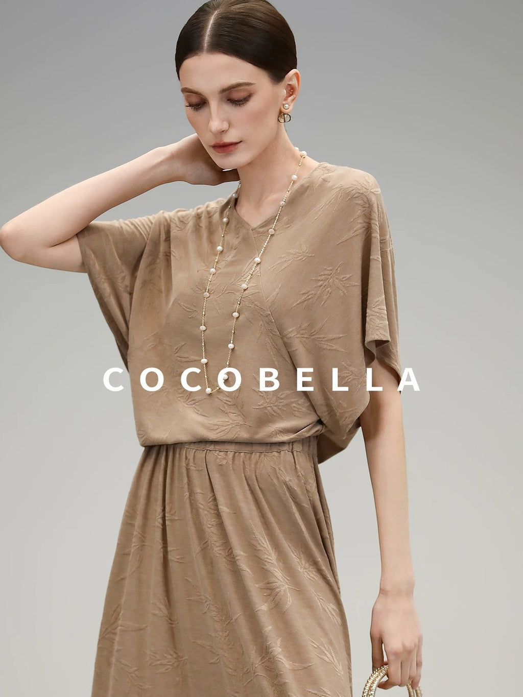 COCOBELLA Soft Jacquard Patchwork Batwing Short Sleeve Loose V Neck Ladies Commuter Shirts