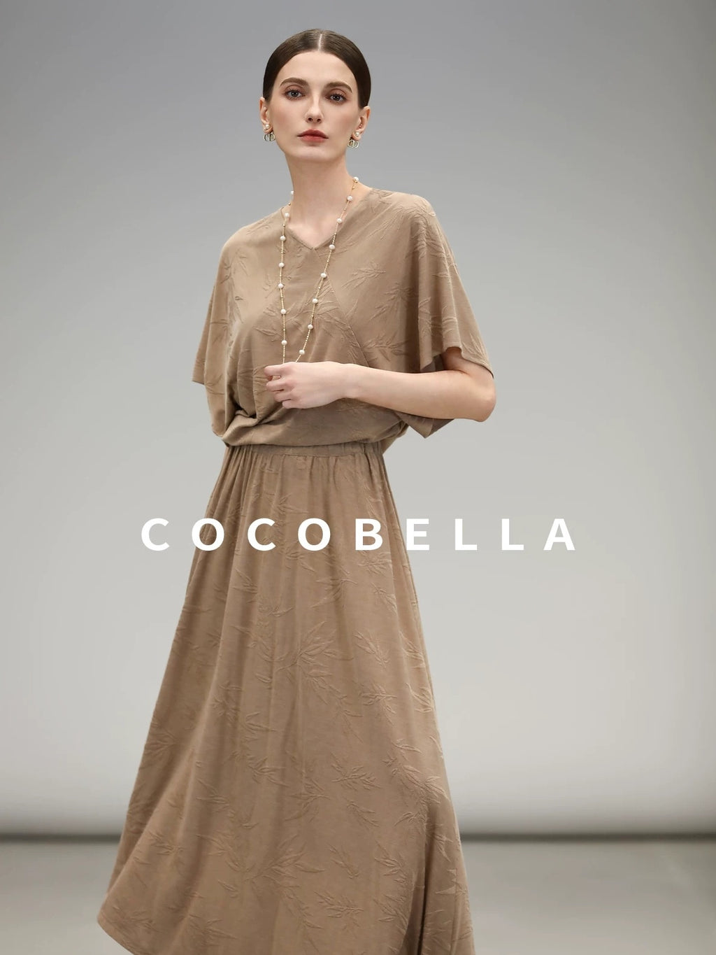 COCOBELLA Soft Jacquard Patchwork Batwing Short Sleeve Loose V Neck Ladies Commuter Shirts