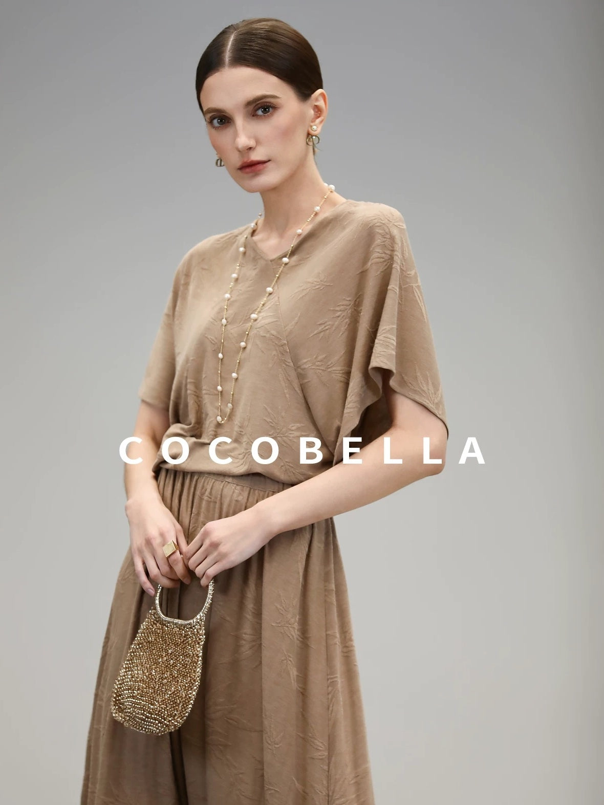 COCOBELLA Soft Jacquard Patchwork Batwing Short Sleeve Loose V Neck Ladies Commuter Shirts