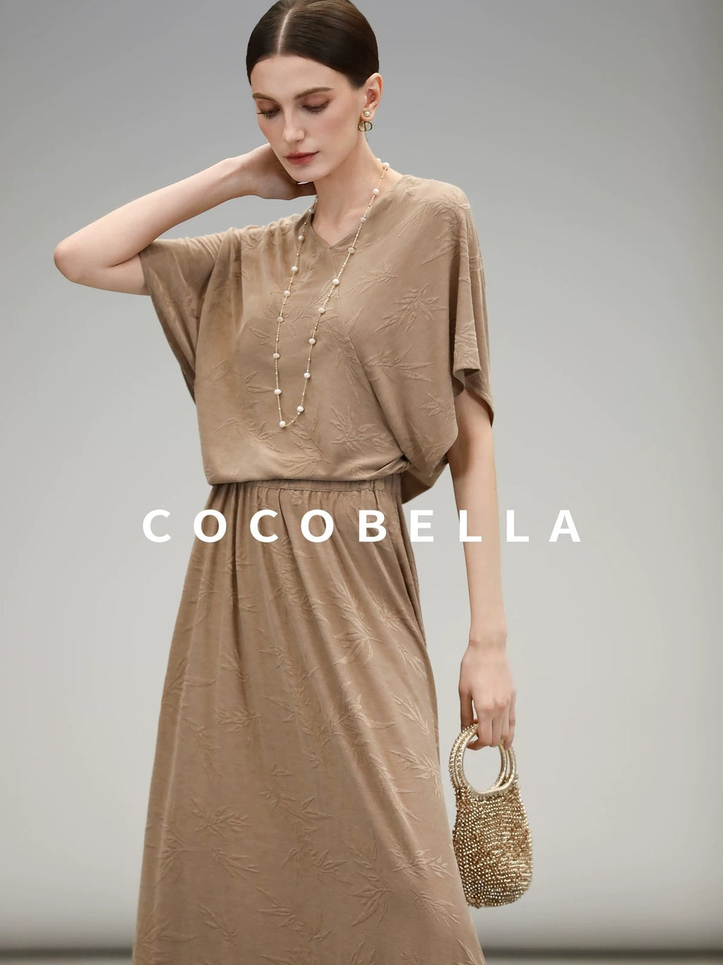 COCOBELLA Soft Jacquard Patchwork Batwing Short Sleeve Loose V Neck Ladies Commuter Shirts