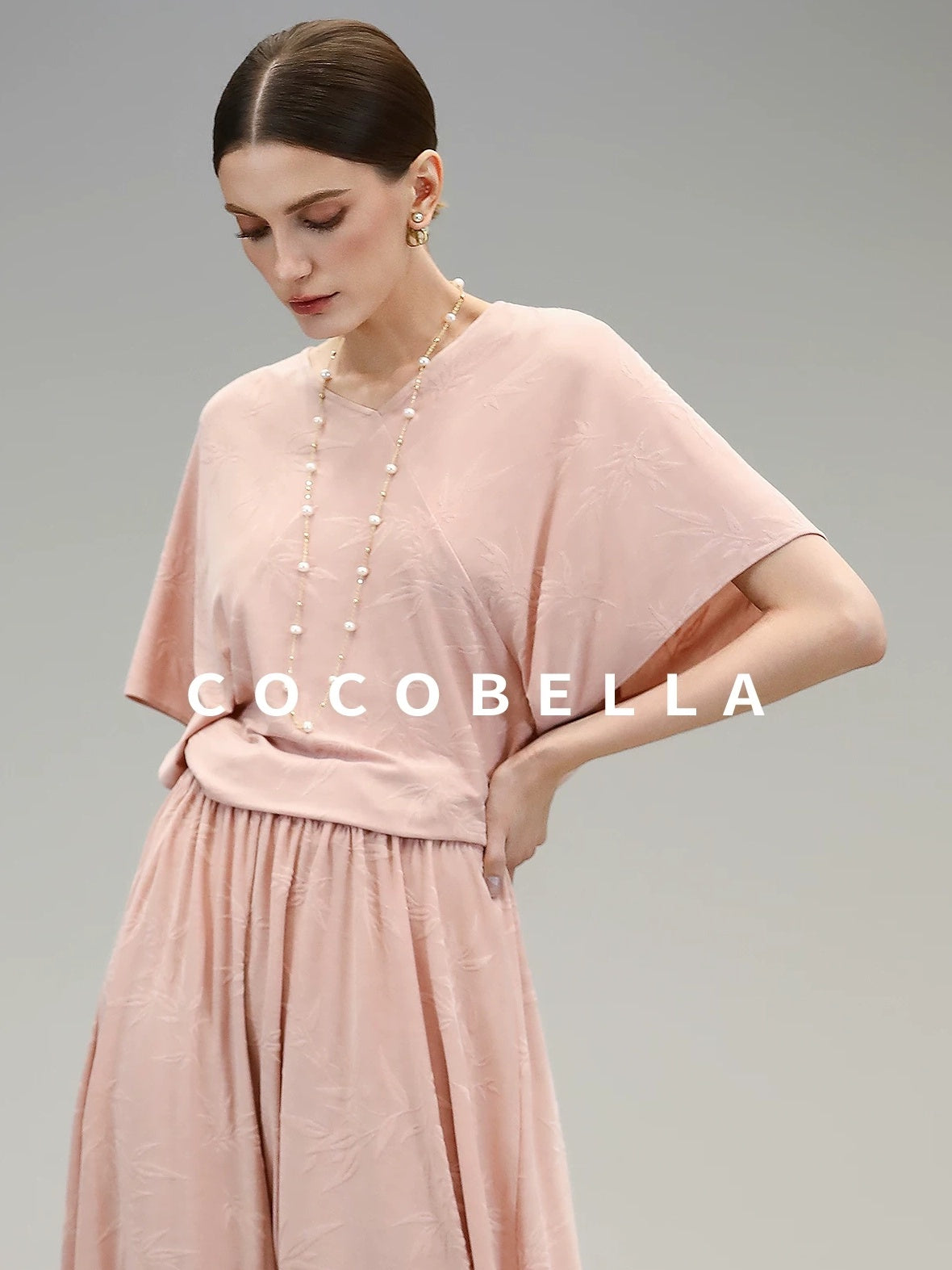 COCOBELLA Soft Jacquard Patchwork Batwing Short Sleeve Loose V Neck Ladies Commuter Shirts