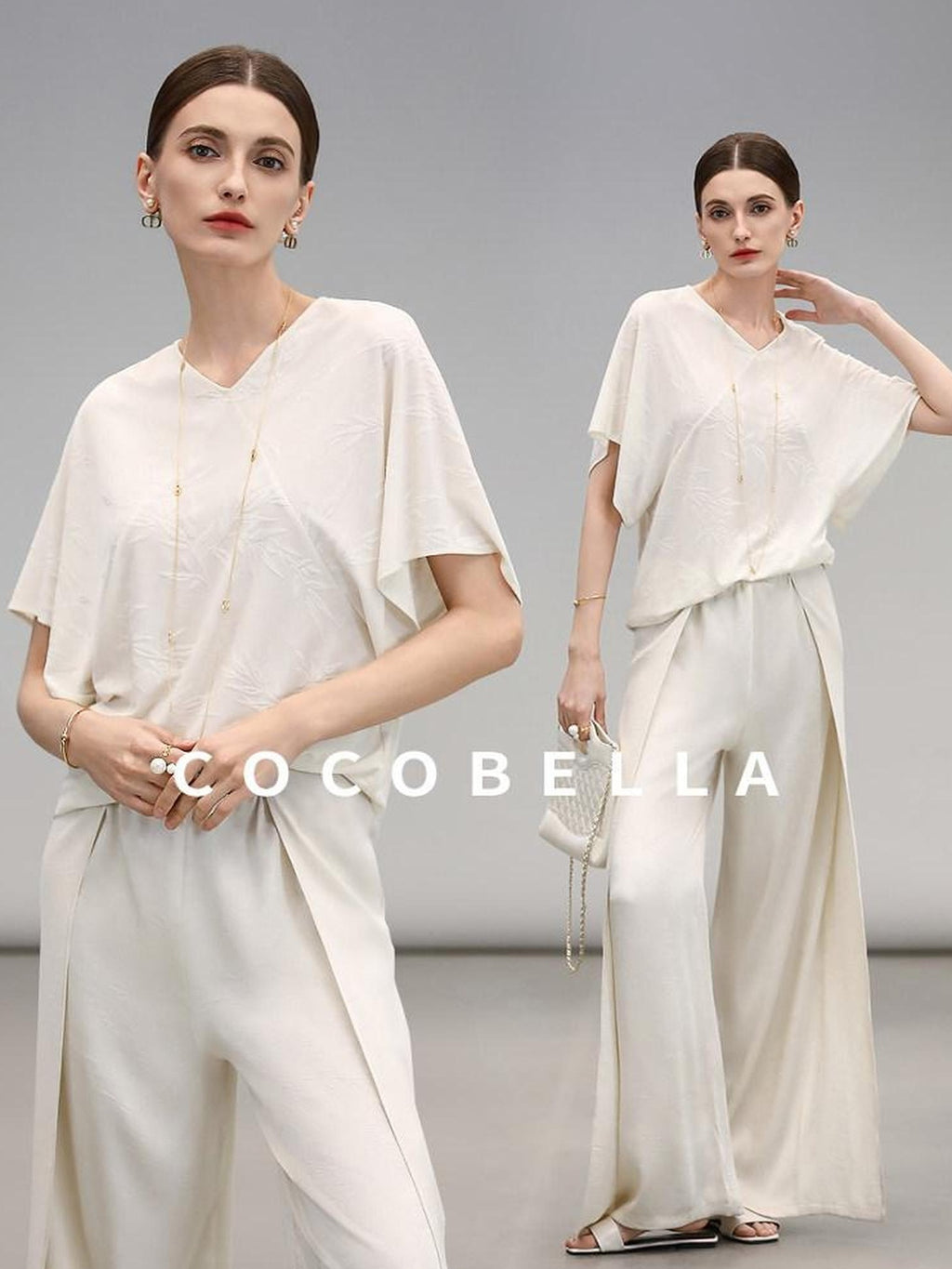 COCOBELLA Soft Jacquard Patchwork Batwing Short Sleeve Loose V Neck Ladies Commuter Shirts