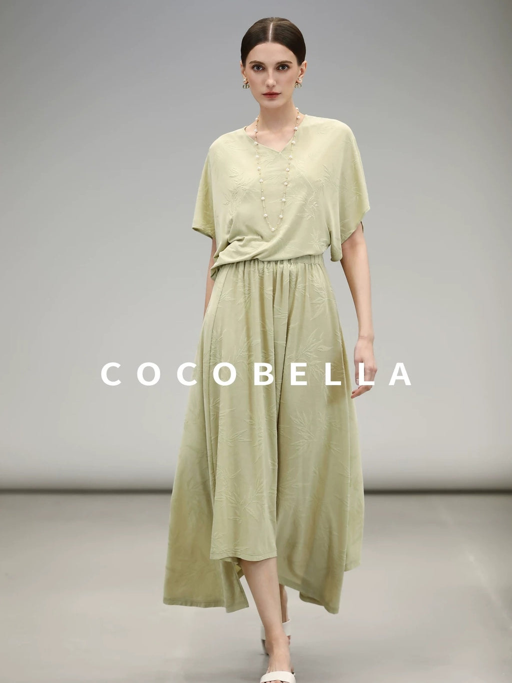 COCOBELLA Soft Jacquard Patchwork Batwing Short Sleeve Loose V Neck Ladies Commuter Shirts