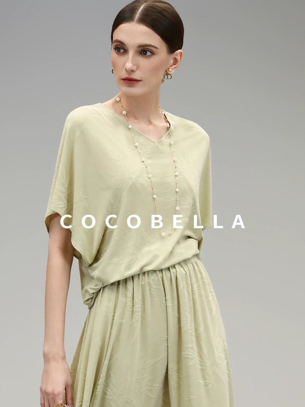 COCOBELLA Soft Jacquard Patchwork Batwing Short Sleeve Loose V Neck Ladies Commuter Shirts