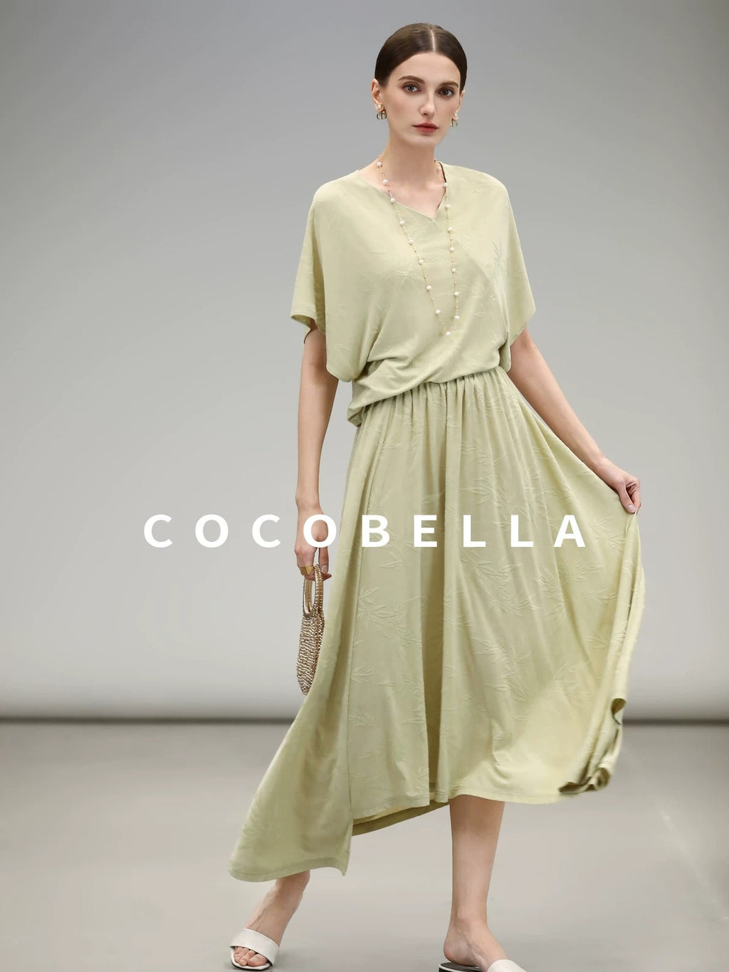 COCOBELLA Soft Jacquard Patchwork Batwing Short Sleeve Loose V Neck Ladies Commuter Shirts