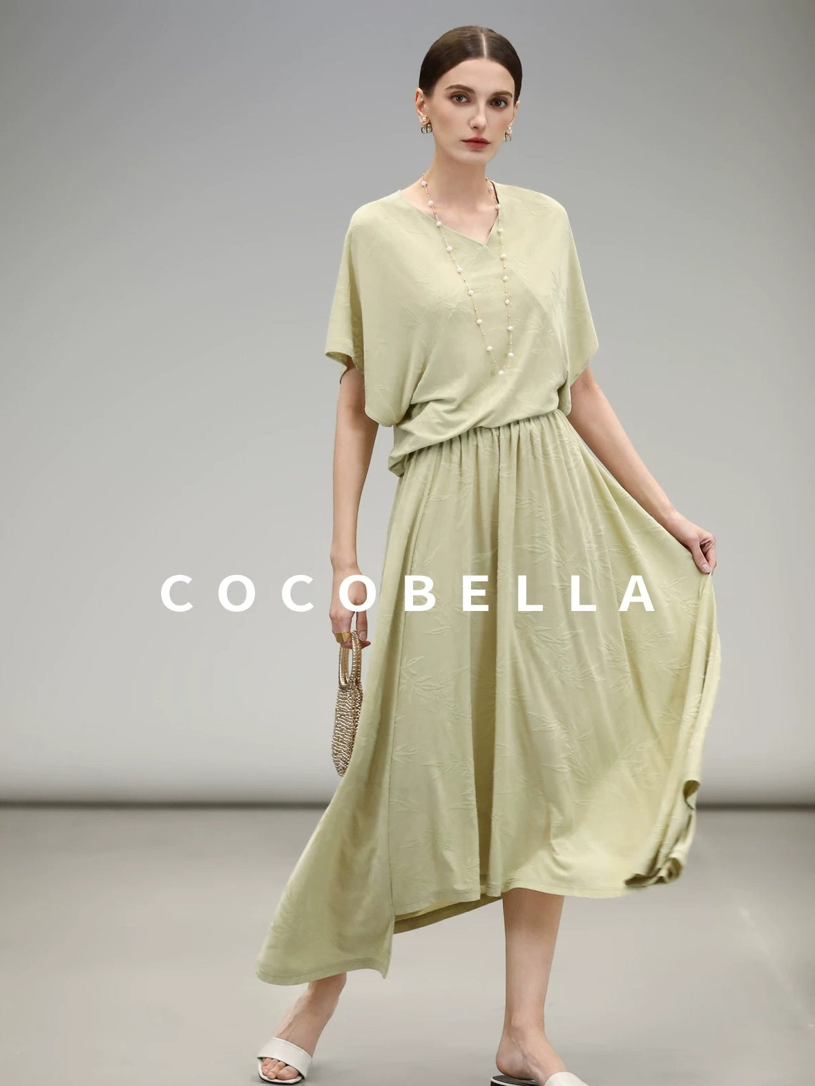 COCOBELLA Soft Jacquard Patchwork Batwing Short Sleeve Loose V Neck Ladies Commuter Shirts