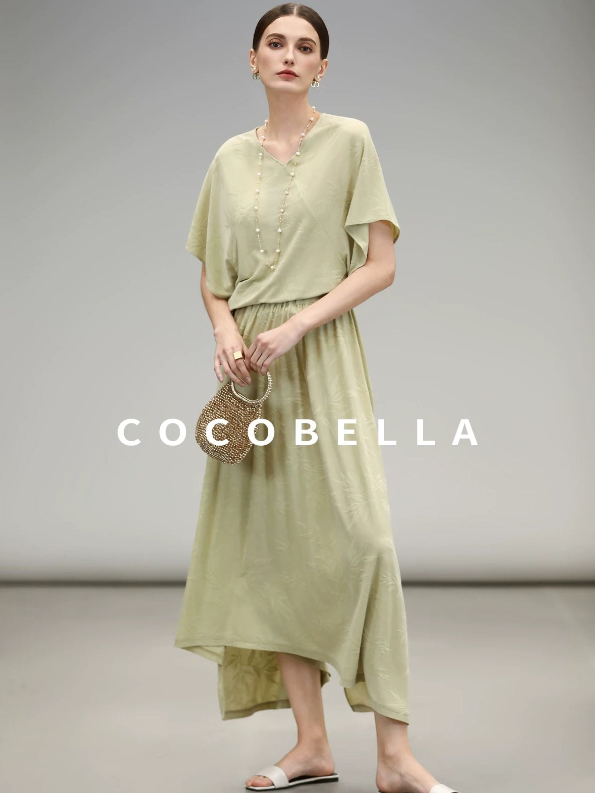 COCOBELLA Soft Jacquard Patchwork Batwing Short Sleeve Loose V Neck Ladies Commuter Shirts