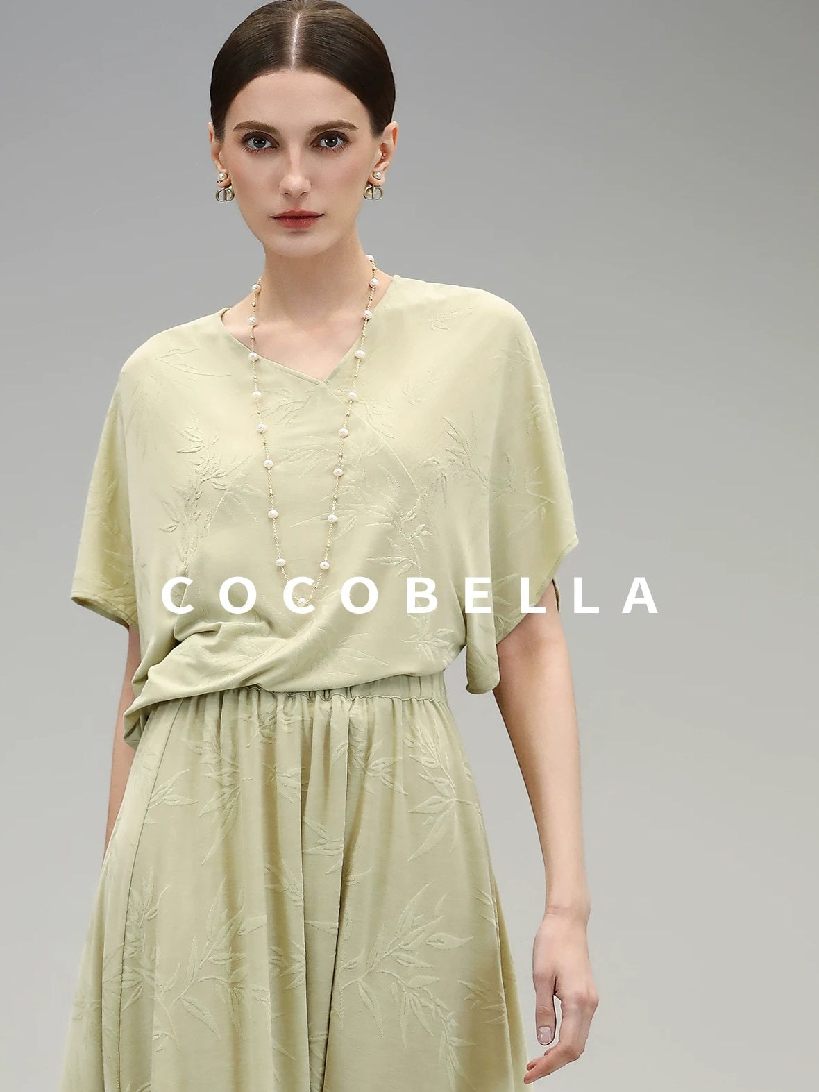 COCOBELLA Soft Jacquard Patchwork Batwing Short Sleeve Loose V Neck Ladies Commuter Shirts