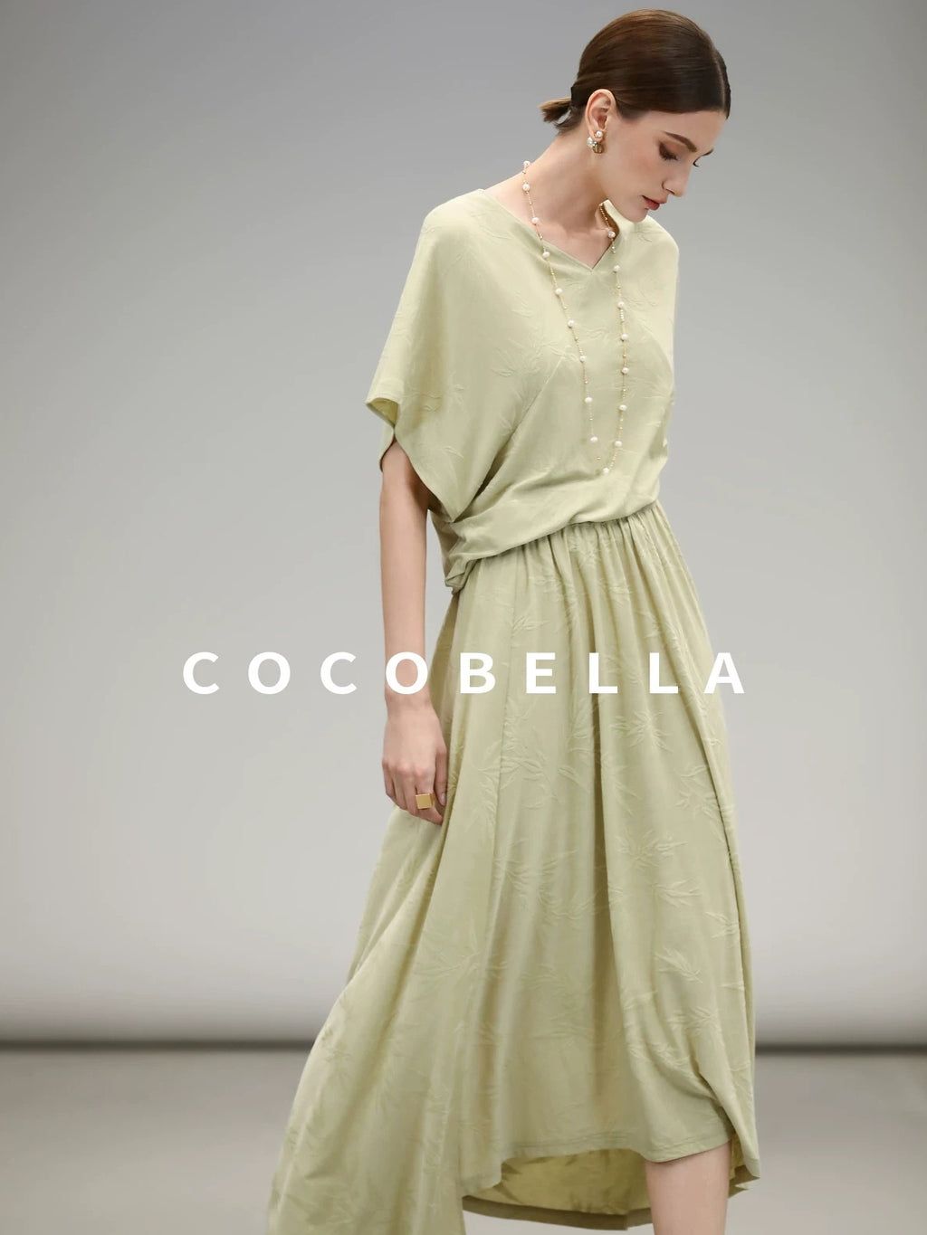 COCOBELLA Soft Jacquard Patchwork Batwing Short Sleeve Loose V Neck Ladies Commuter Shirts