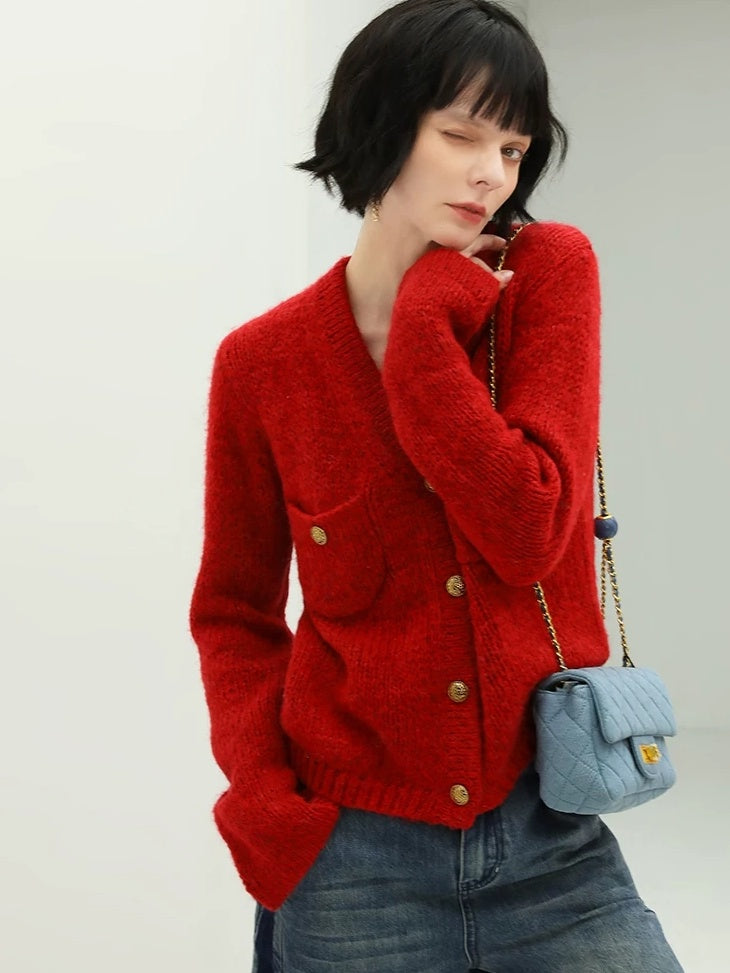 COCOBELLA Soft Knit V Neck Buttoned Straight Fit Office Cardigan Women Red Blue Sweater