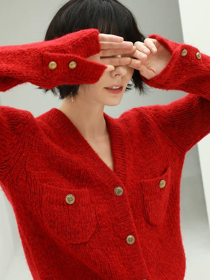 COCOBELLA Soft Knit V Neck Buttoned Straight Fit Office Cardigan Women Red Blue Sweater
