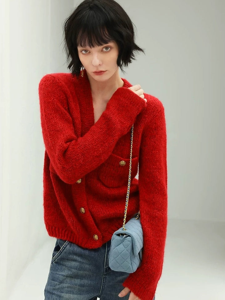 COCOBELLA Soft Knit V Neck Buttoned Straight Fit Office Cardigan Women Red Blue Sweater