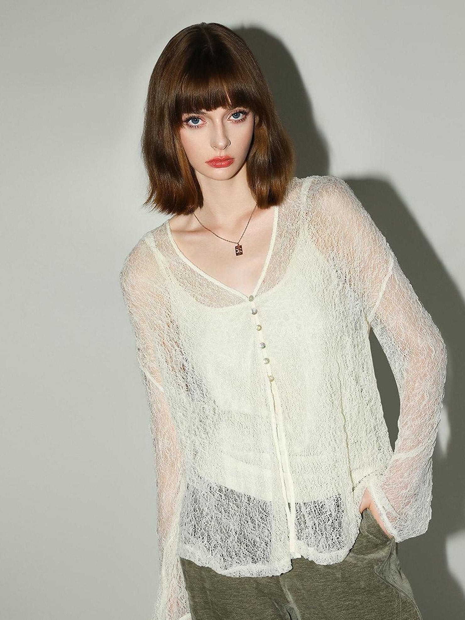 COCOBELLA Soft Lace V Neck Shell Button Straight Fit Women Long Sleeve Knit T-Shirts