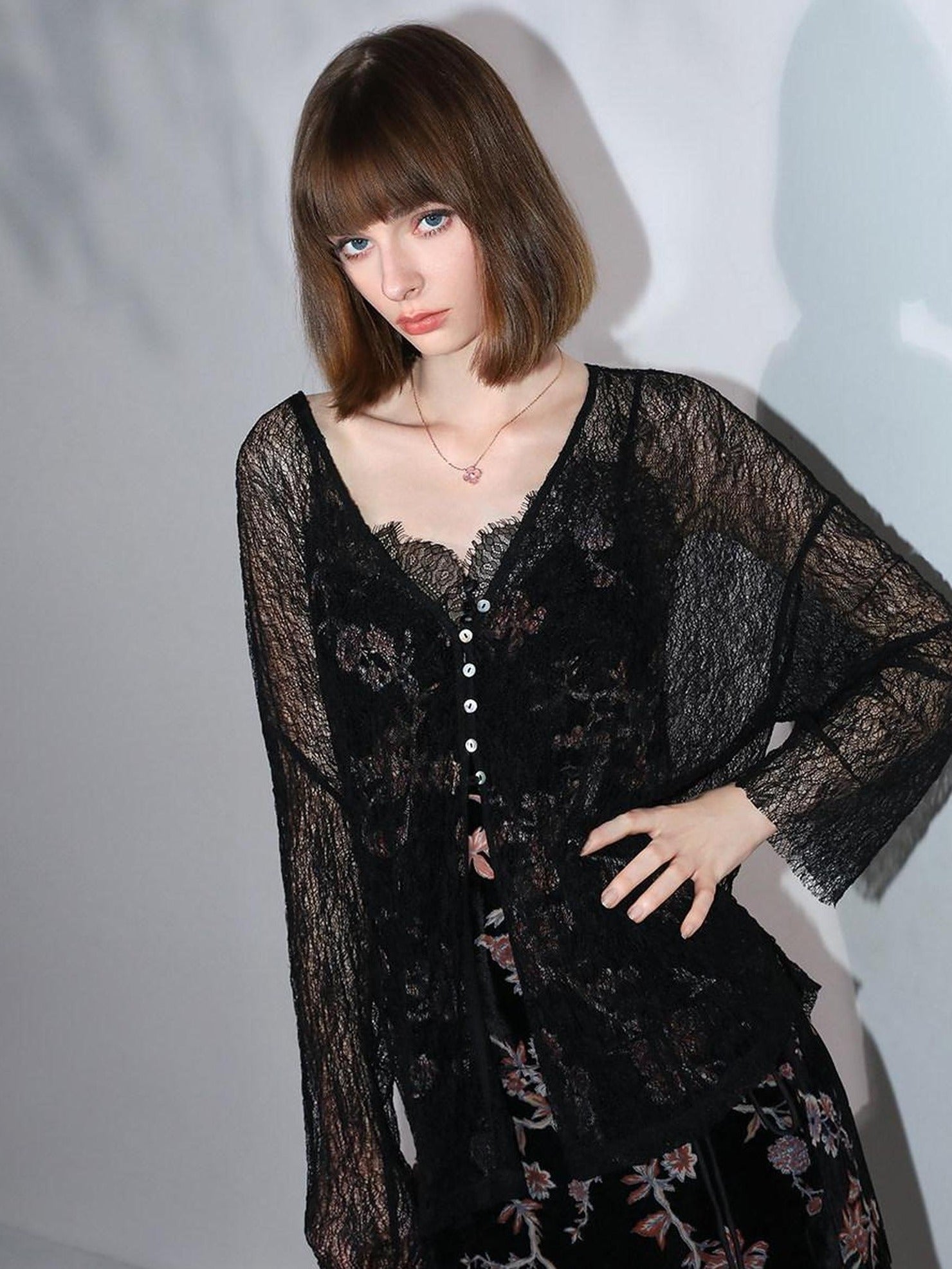 COCOBELLA Soft Lace V Neck Shell Button Straight Fit Women Long Sleeve Knit T-Shirts