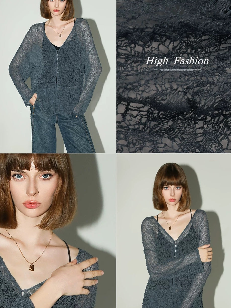 COCOBELLA Soft Lace V Neck Shell Button Straight Fit Women Long Sleeve Knit T-Shirts