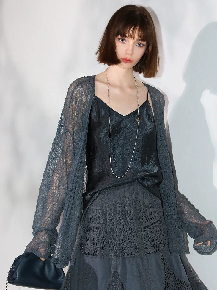 COCOBELLA Soft Lace V Neck Shell Button Straight Fit Women Long Sleeve Knit T-Shirts