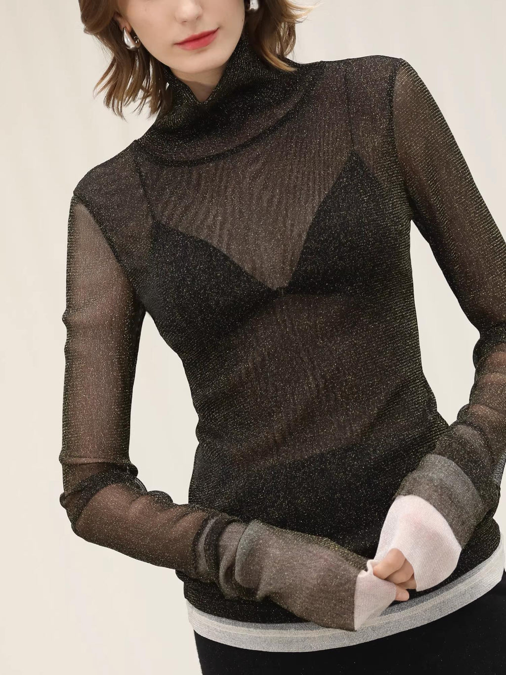 COCOBELLA_Soft_Lurex_Faux_Two_Piece_Spliced_Slim_Fit_High_Neck_Women_Long_Sleeve_T-Shirts_MISSTT