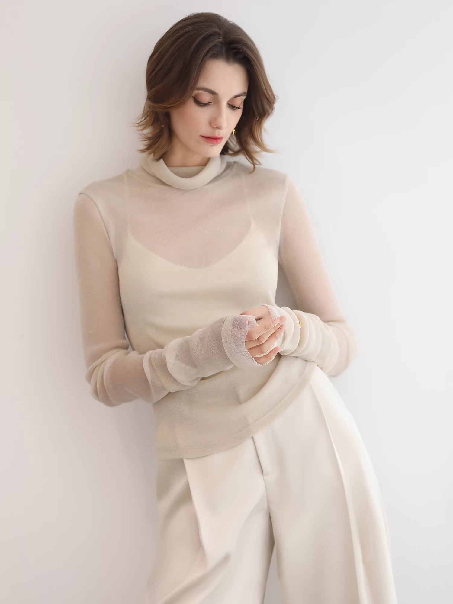 COCOBELLA_Soft_Lurex_Faux_Two_Piece_Spliced_Slim_Fit_High_Neck_Women_Long_Sleeve_T-Shirts_MISSTT