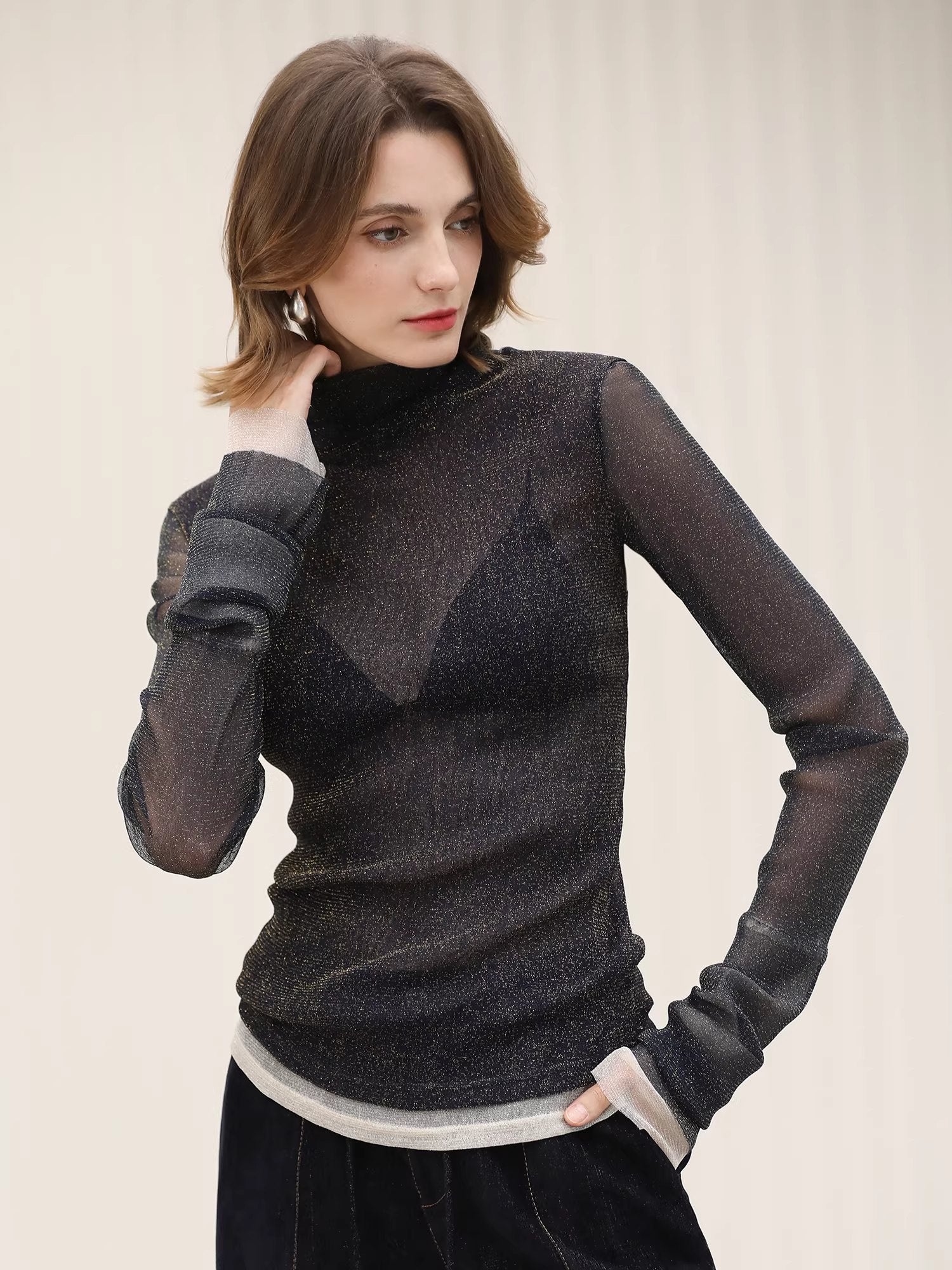 COCOBELLA_Soft_Lurex_Faux_Two_Piece_Spliced_Slim_Fit_High_Neck_Women_Long_Sleeve_T-Shirts_MISSTT