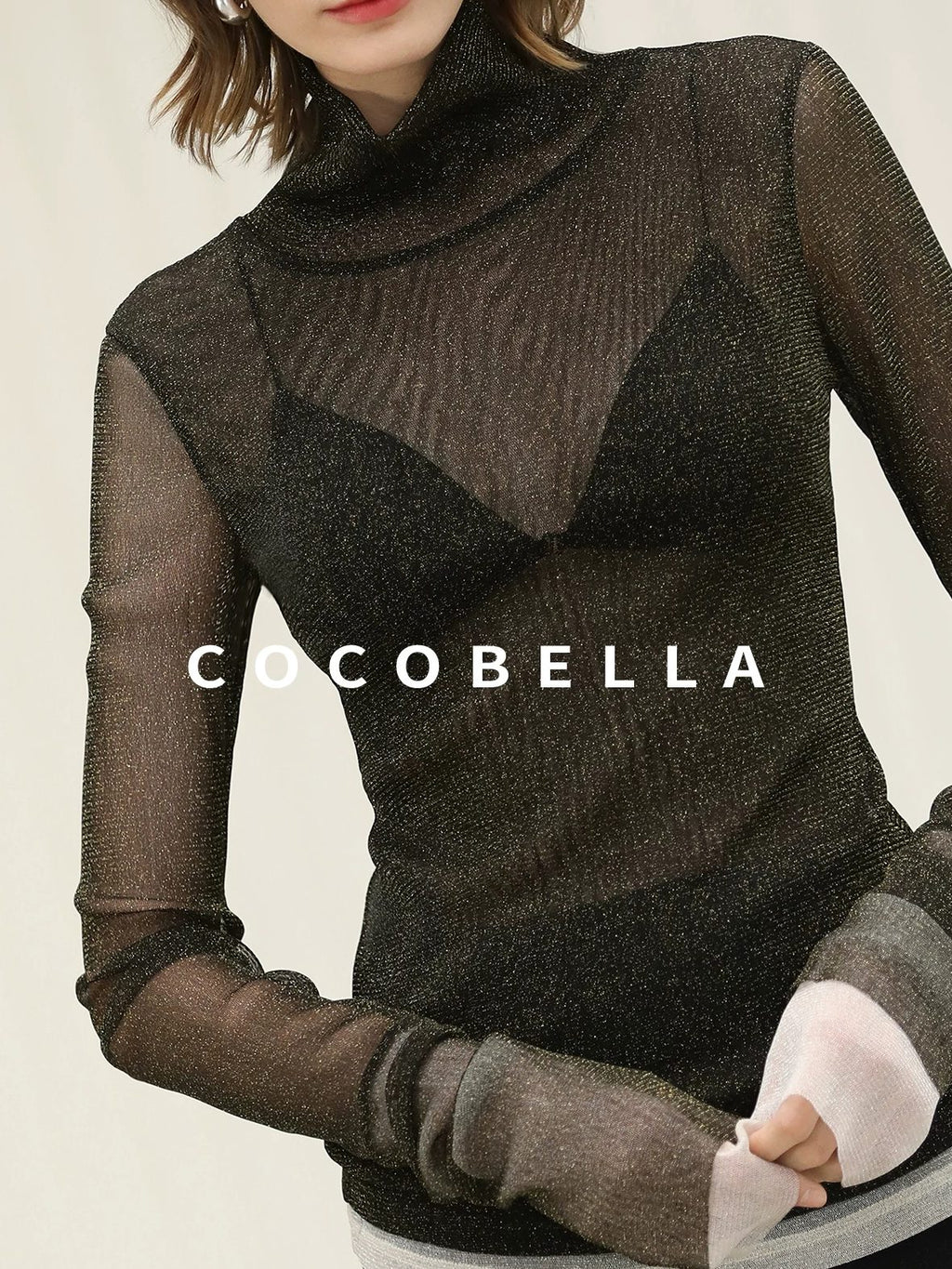 COCOBELLA Soft Lurex Faux Two Piece Spliced Slim Fit High Neck Women Long Sleeve T-Shirts