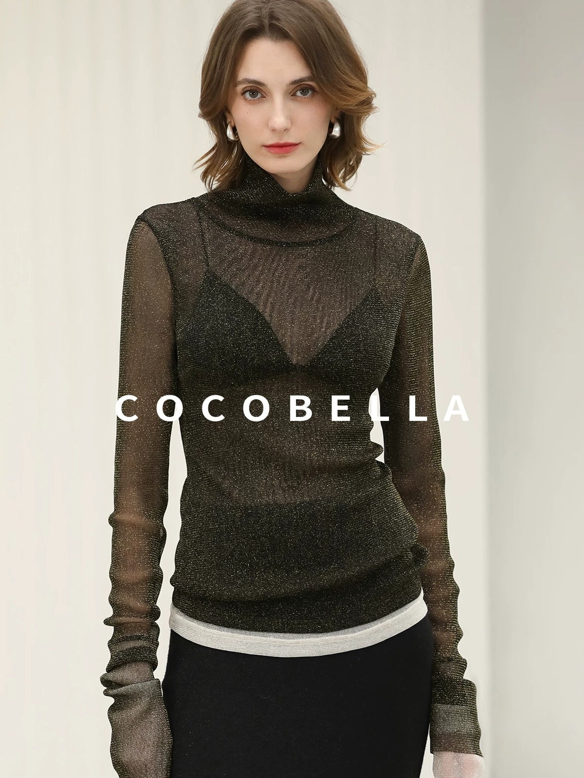 COCOBELLA Soft Lurex Faux Two Piece Spliced Slim Fit High Neck Women Long Sleeve T-Shirts