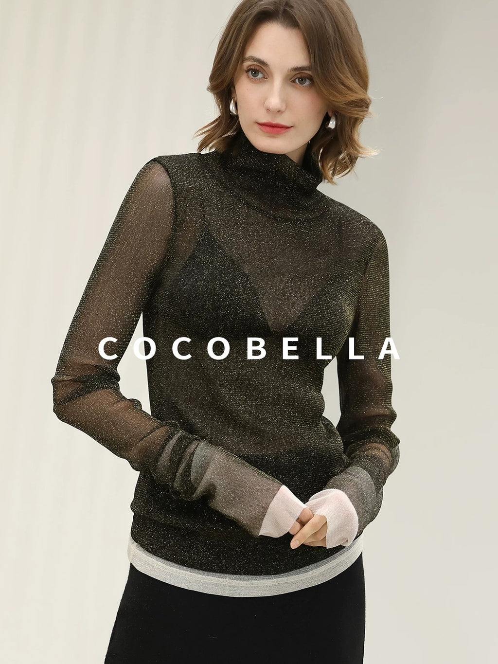 COCOBELLA Soft Lurex Faux Two Piece Spliced Slim Fit High Neck Women Long Sleeve T-Shirts