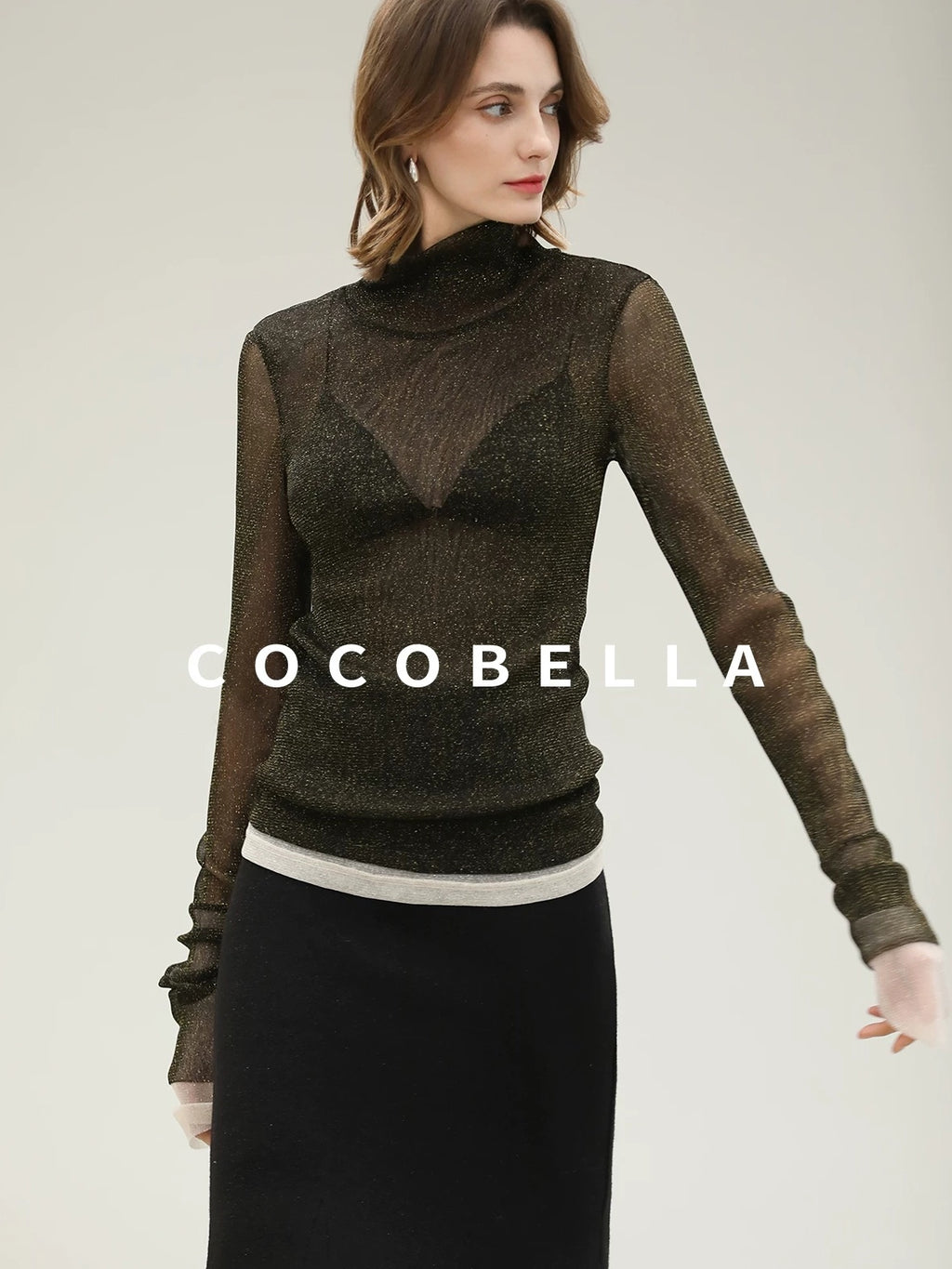 COCOBELLA Soft Lurex Faux Two Piece Spliced Slim Fit High Neck Women Long Sleeve T-Shirts