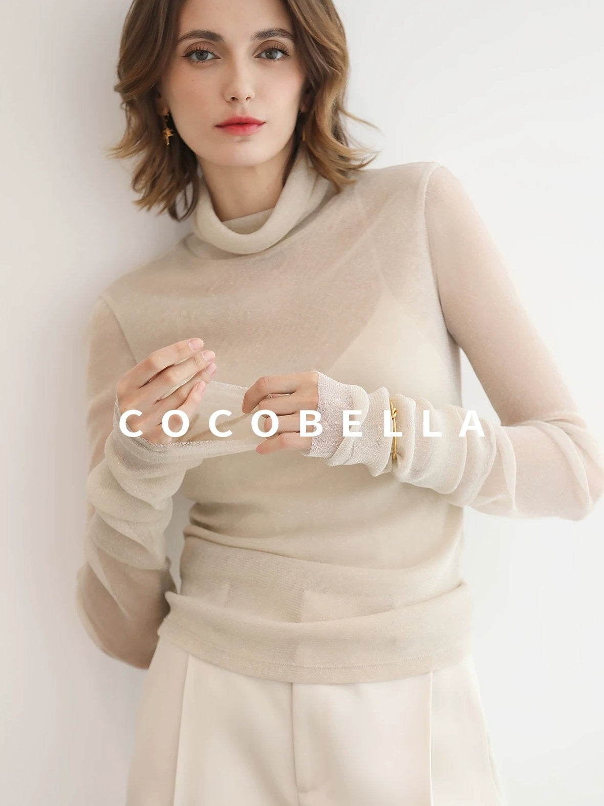 COCOBELLA Soft Lurex Faux Two Piece Spliced Slim Fit High Neck Women Long Sleeve T-Shirts