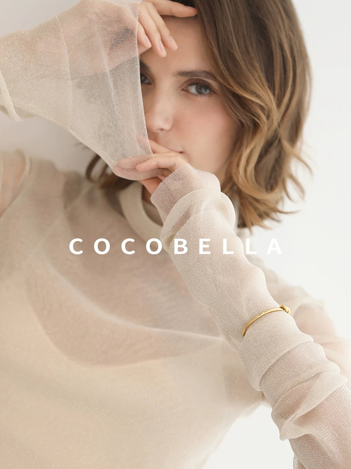 COCOBELLA Soft Lurex Faux Two Piece Spliced Slim Fit High Neck Women Long Sleeve T-Shirts