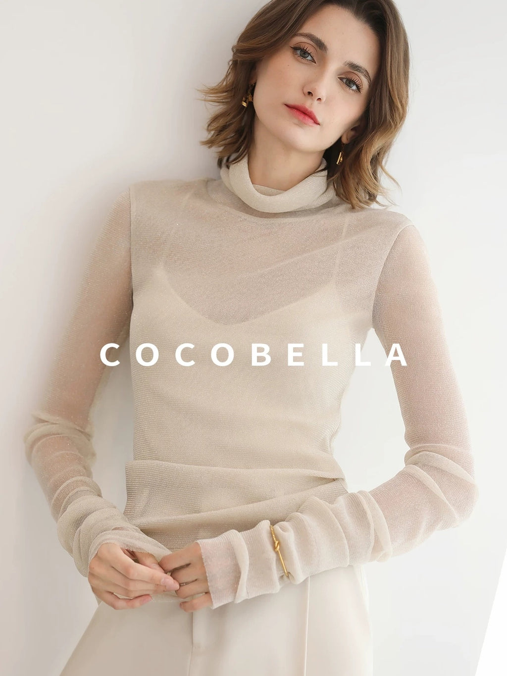 COCOBELLA Soft Lurex Faux Two Piece Spliced Slim Fit High Neck Women Long Sleeve T-Shirts