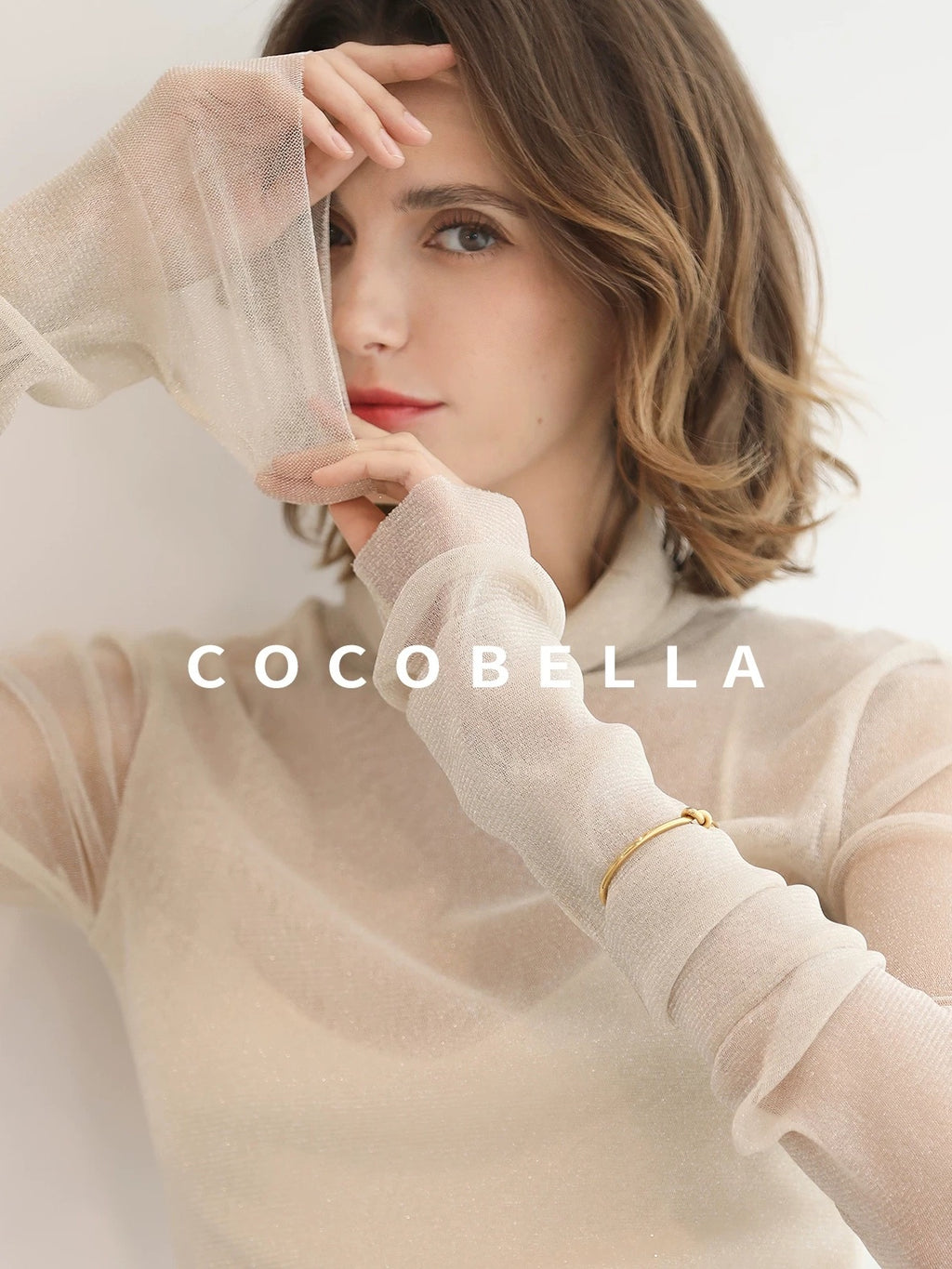 COCOBELLA Soft Lurex Faux Two Piece Spliced Slim Fit High Neck Women Long Sleeve T-Shirts