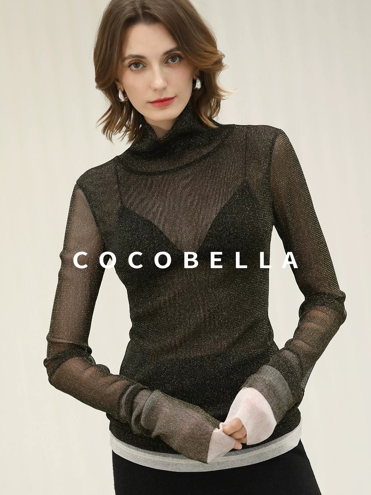 COCOBELLA Soft Lurex Faux Two Piece Spliced Slim Fit High Neck Women Long Sleeve T-Shirts